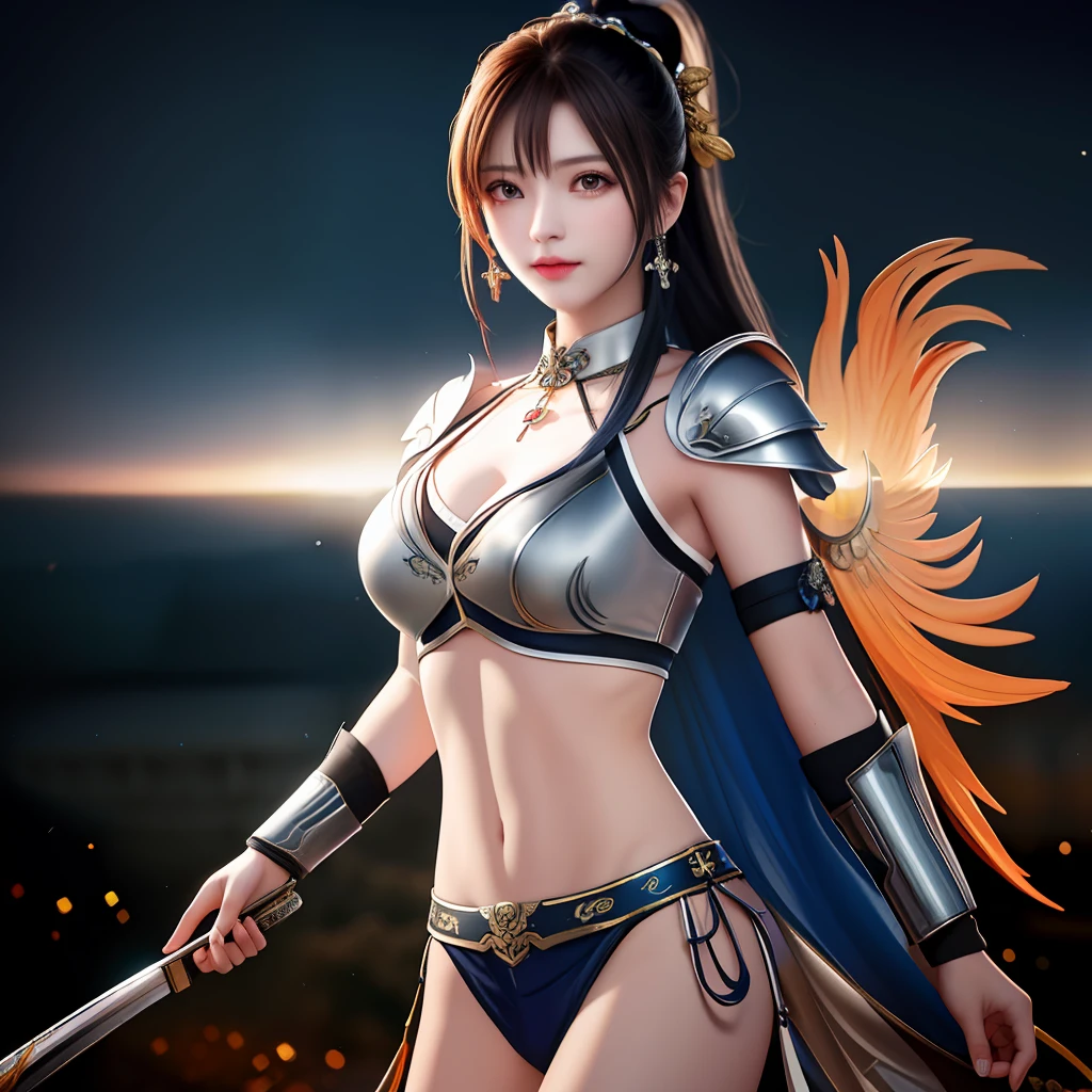 best quality, masterpiece, high resolution, 1girl, ancient chinese battlefield background, metal armor, metal collar, hair accessory, necklace, jewelry, beautiful face, upon_body, tyndall effect, realistic, dark studio, edge lighting, duotone lighting, (high detail skin:1.2), 8k ultra hd, dslr camera, soft lighting, high quality, volumetric lighting, frank, photos, high resolution, 4k, 8k, bokeh, silver white bikini armor, chest embroidered phoenix, Metal cuirass, tight fit, ponytail, bare arms, exposed abdomen, weapons, short bracers, stockings