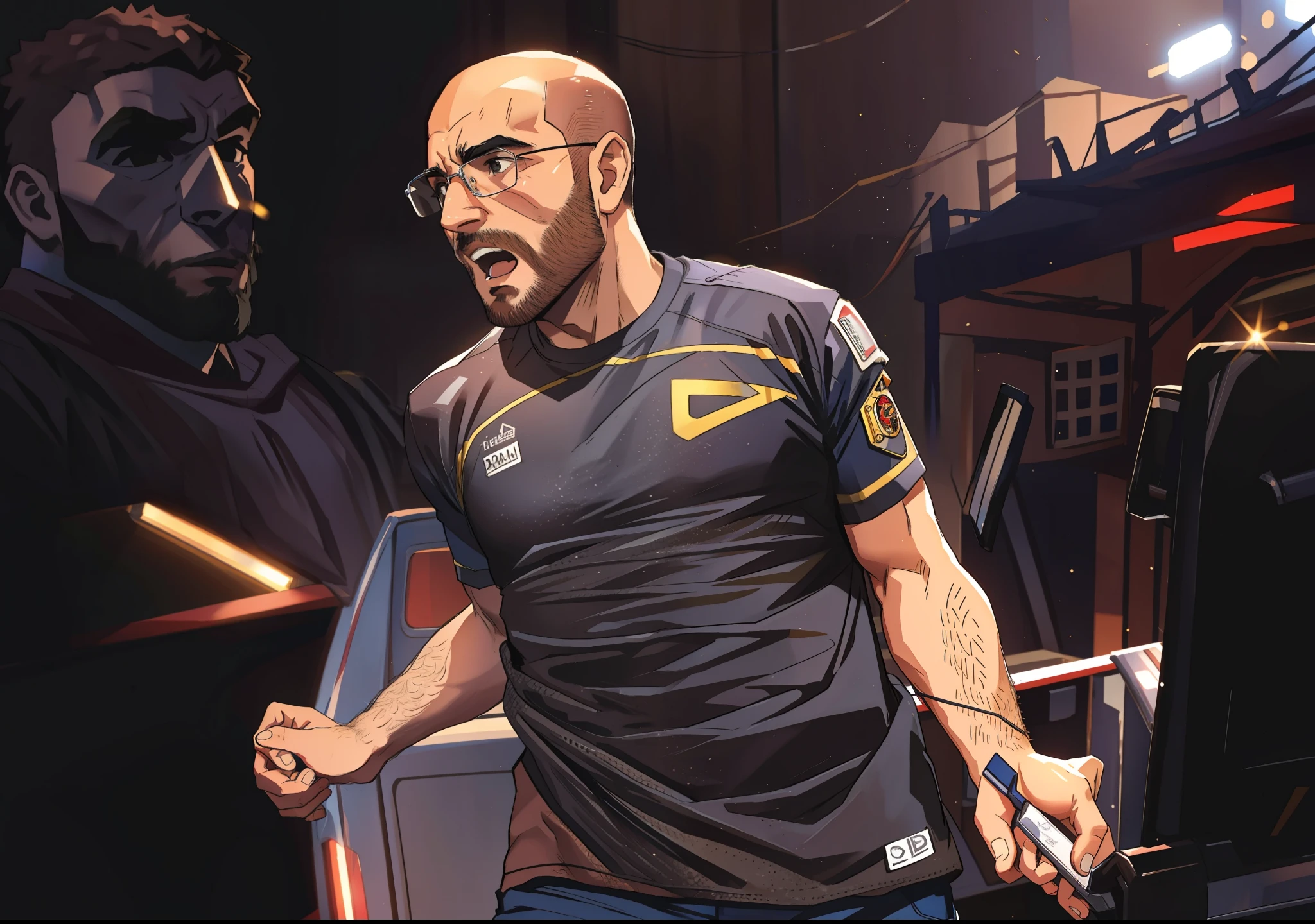 homem 20 anos, careca, meio gordo, com barba , gritando