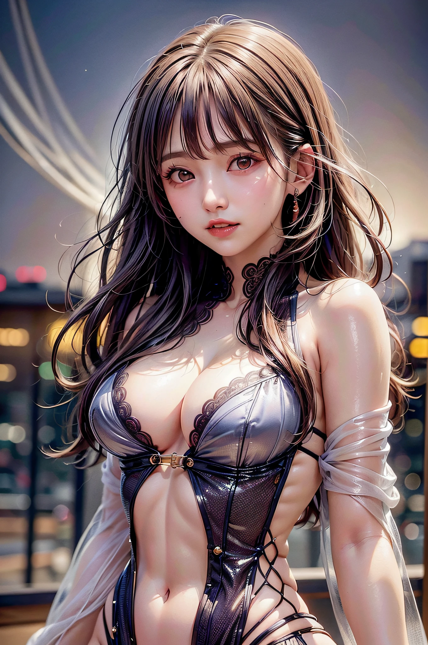 highest quality, highest image quality, highest resolution, raw photos, realistic, photo-realistic, ultra-detailed and beautiful, highest detailed, 1young girl, extremely cute, good-looking, beautiful fair skin and glossy, beautiful beautiful eyes are big and bright, small mouth and thin lips, long black hair blowing in the wind, good style and slender, (beautiful big breasts:1.3), she has a bright personality and a cute smile, natural makeup, (transparent and see-through costume with cute details and an open chest wide:1.6), cute girl portrait, beautiful girl illuminated by seven colors of light, shine in rainbow colors, A very beautiful view of the world that I have never seen before, depicting the background where the light of the illumination shines, cinematic lighting,