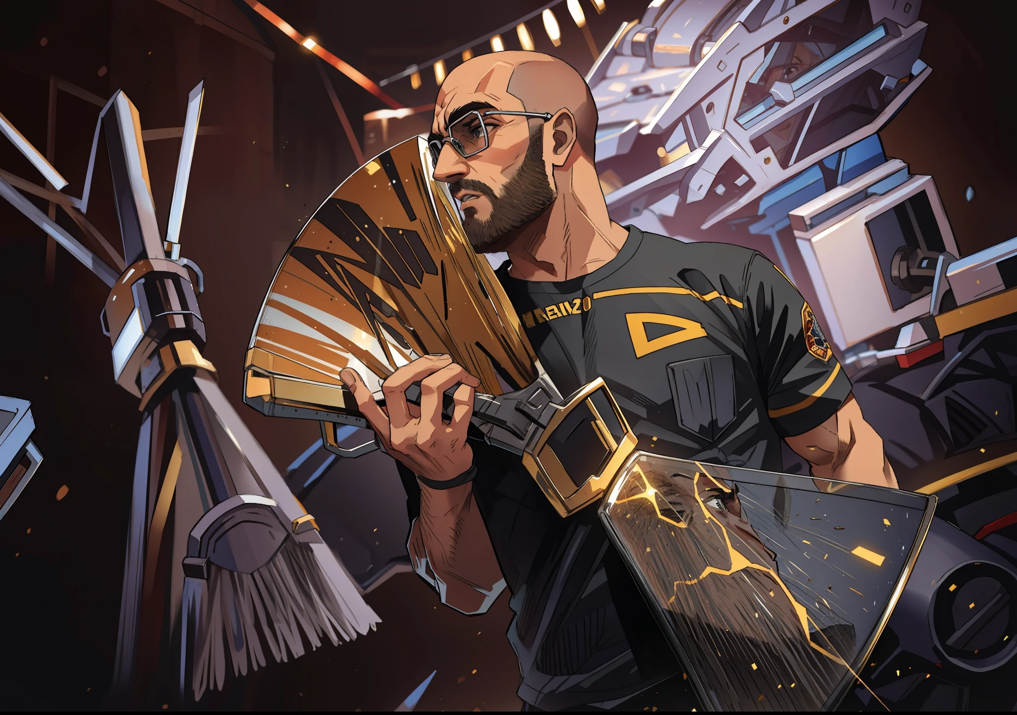 homem 20 anos, careca, meio gordo, com barba , gritando , usando oculos de grau