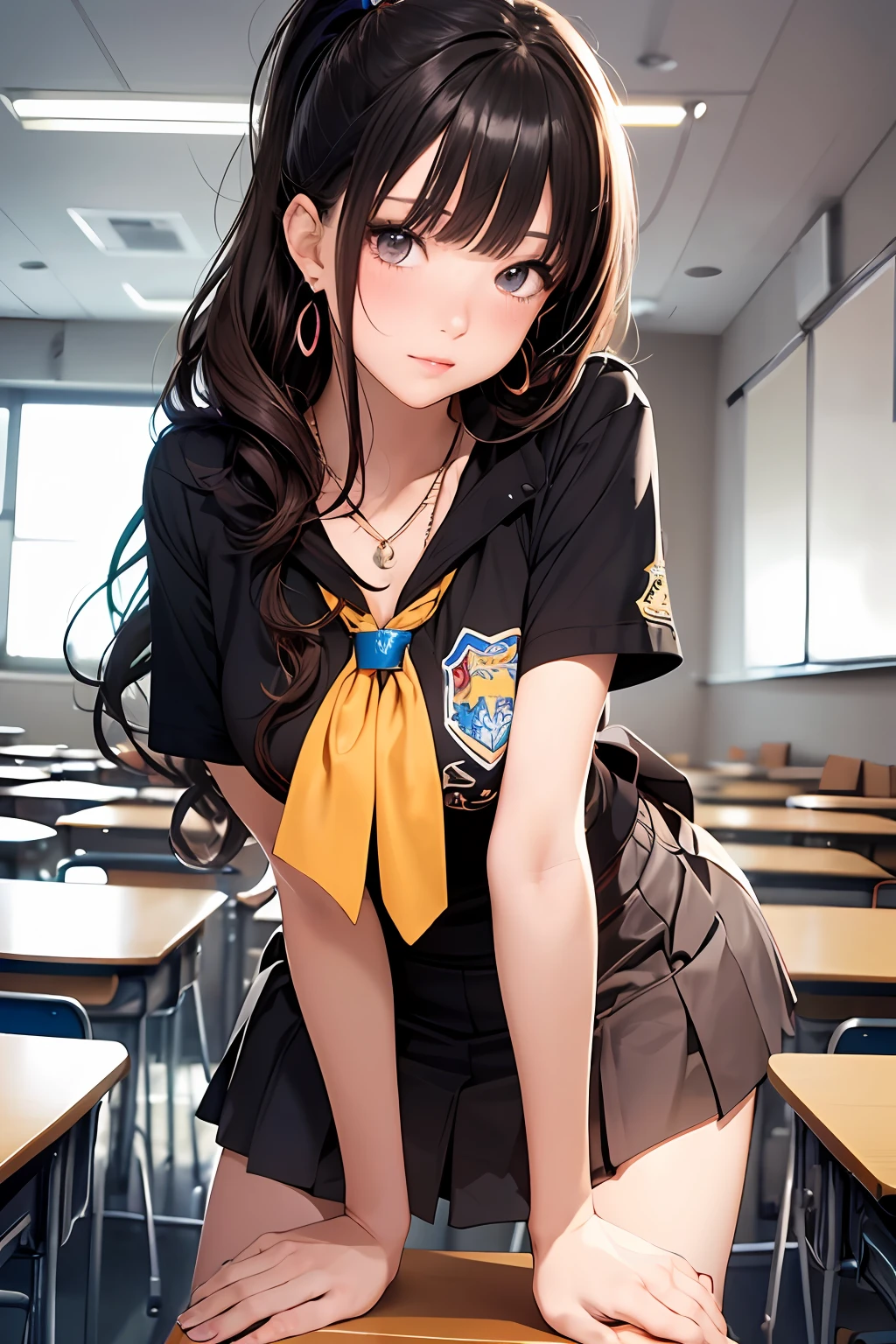 (Masterpiece: 1.3), (Maximum resolution: 1.2), (Ultra HDTV: 1.2), Cinema light, Ultra HDTV, (Detailed eyes and skin), (Detailed facial features), HDR, 8k resolution, Sharp Focus: 1.2, Perfect style, beautiful face, accurate, anatomically correct, highly detailed face and skin texture, detailed eyes, brown eyes, double eyelids, thin eyebrows, glitter eyeliner: 1.2, natural cheeks, glossy skin, fair skin: 1.2, shiny little necklace and earrings, (glossy lips: 1.4),
BREAK
first-person-view, Wearing a Sexy High school uniform, (embarrassed:1.2), (blush:1.2), Innocent and Cute girl, (ponytail in high position, wavy hair), (Light brown hair:1.2), (bangs flowing diagonally), medium long hair,
BREAK
(Full body shot: 1.2), (from below:1.3), (focus on legs), ((Very intimate relationships: 1.2)), (medium large breasts:1.1), ((Standing with closed legs:1.2)), (liftskirt)),
BREAK
(((In the classroom: 1.2)), (looking down at viewer:1.2)),