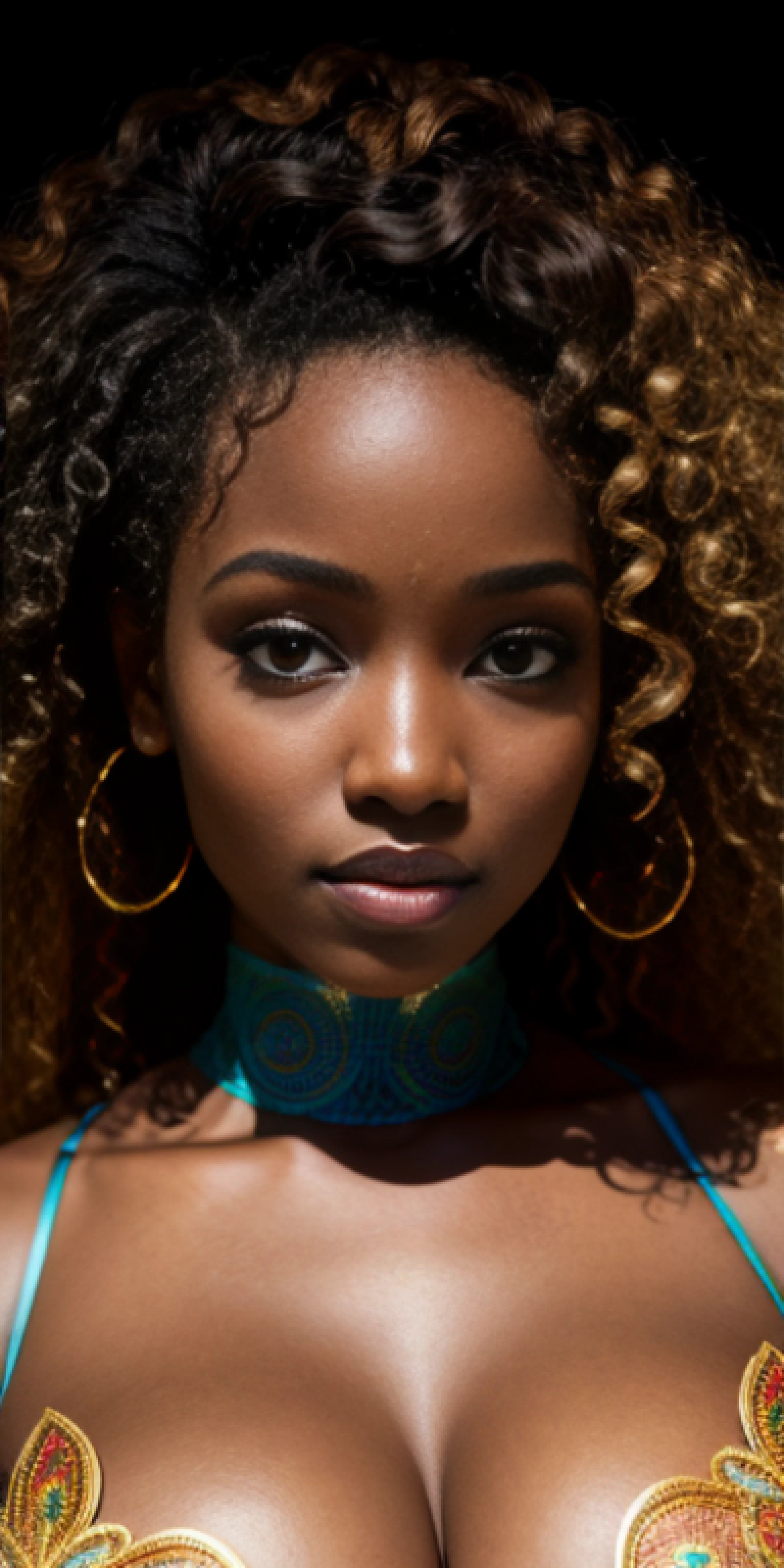 RAW uhd face close-up of a african goddess posing like in the Taras Loboda photo, Flawless Women, wavy curly hair, (detailed face:1.5), tan-skinned, Highly Detailed Deep Cleavage in Lace Steel Dress), hot color, reflectors, SnowPrincessw, masterpiece, perfectly proportions, photos realistic top-quality detaileds photographed in a Canon EOS R5, 50mm Lens, 8K,wall-paper, dark, noise, offset, high contrast
