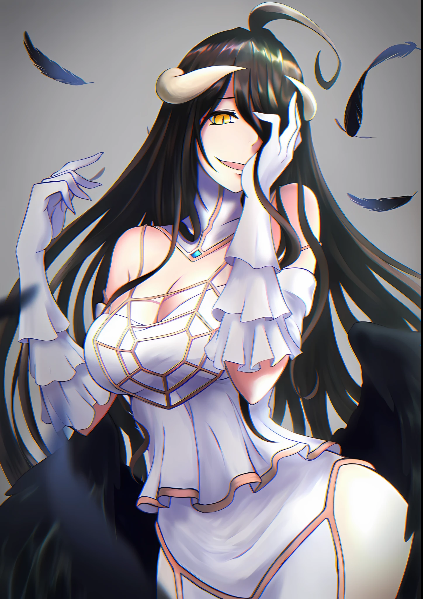 tmasterpiece, best qualtiy, A high resolution, Aluminum 1, devil horns, Pupil of the slit, White gloves, White dress, Detachable collar, fission, Black wings, Feathered wings, Low wing, The cowboy was shot, Sedentary, loss, Evil smile, reaching out, arms out, Ingestrekt weapons,Cover your face，Be red in the face