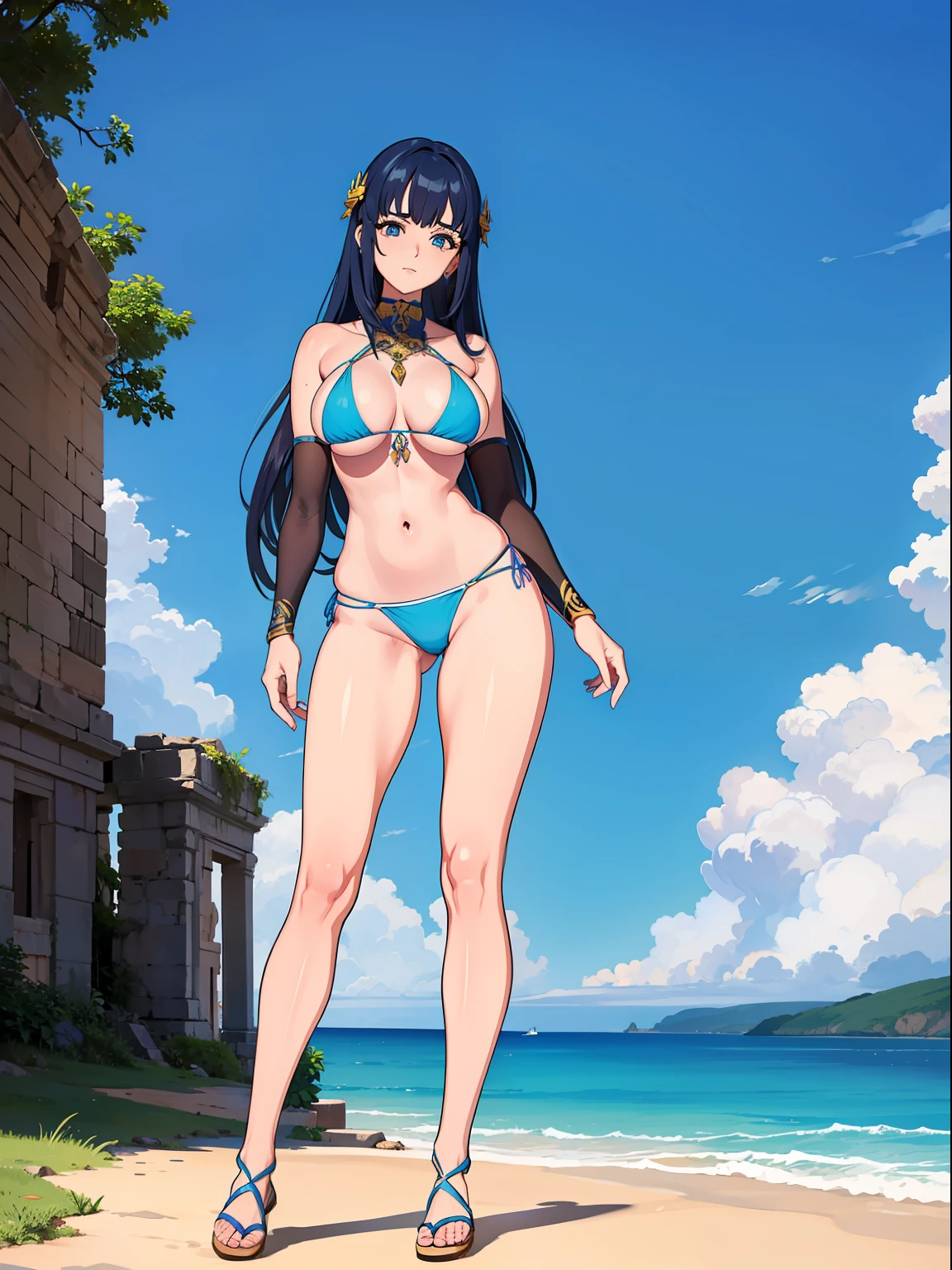 Mulher madura, blue skies, espetacular, full body scene, micro paladin bikini, (Fundo detalhados: ancient ruins), pele brilhante, rosto detalhado, olhos detalhados, anatomia perfeita, dynamic pose, Approaching perfection, Dynamic, altamente detalhado, (rosto bonito e detalhado, belos olhos detalhados), de frente para o espectador, seductive expression,