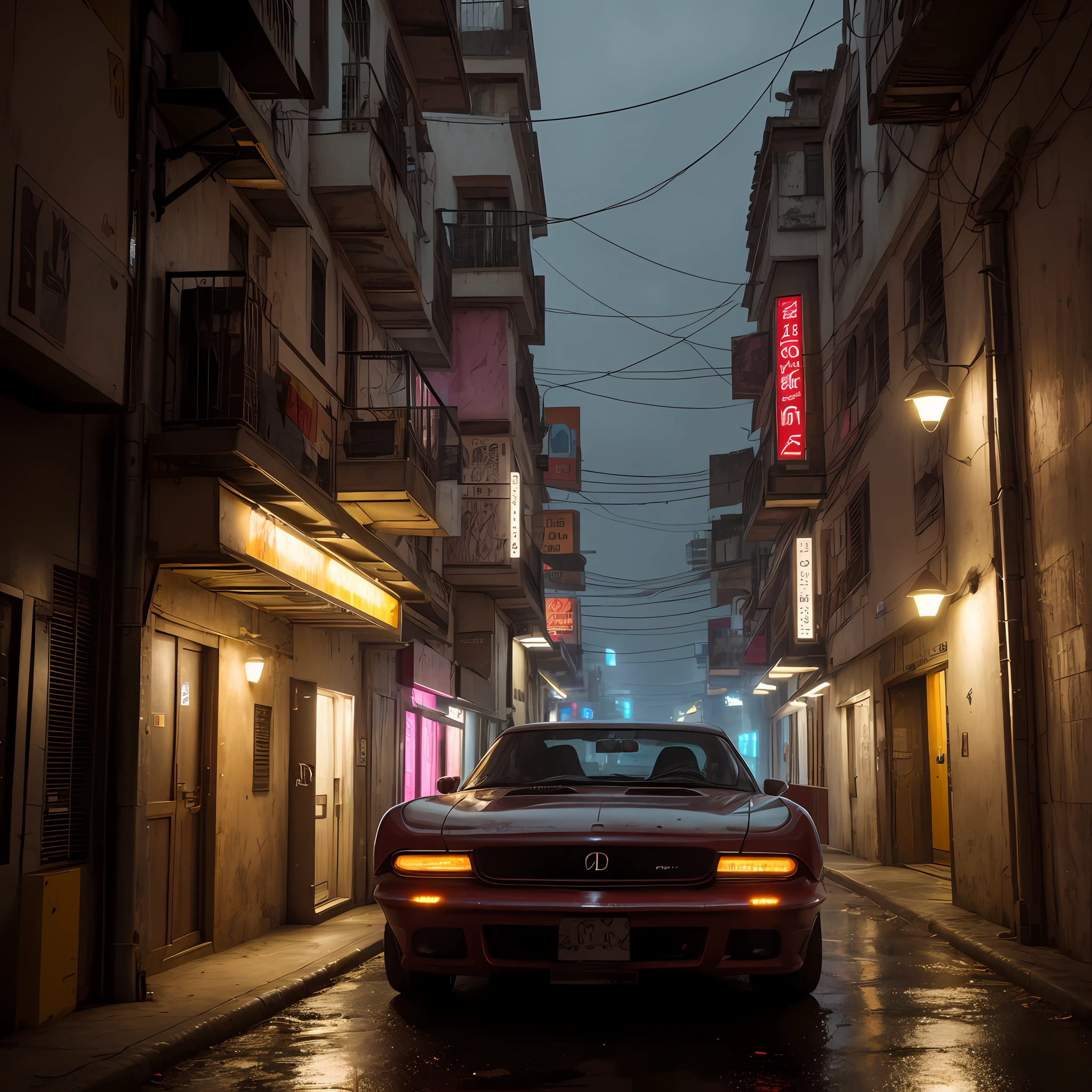 um carro vermelho do futuro na chuvosa cidade cyberpunk (((cinematic lighthing))), noite, chuva, luz suave do cinema, adobe lightroom, photographic lab, hdr, imenso detalhe, fotorrealismo, fotografia profissional