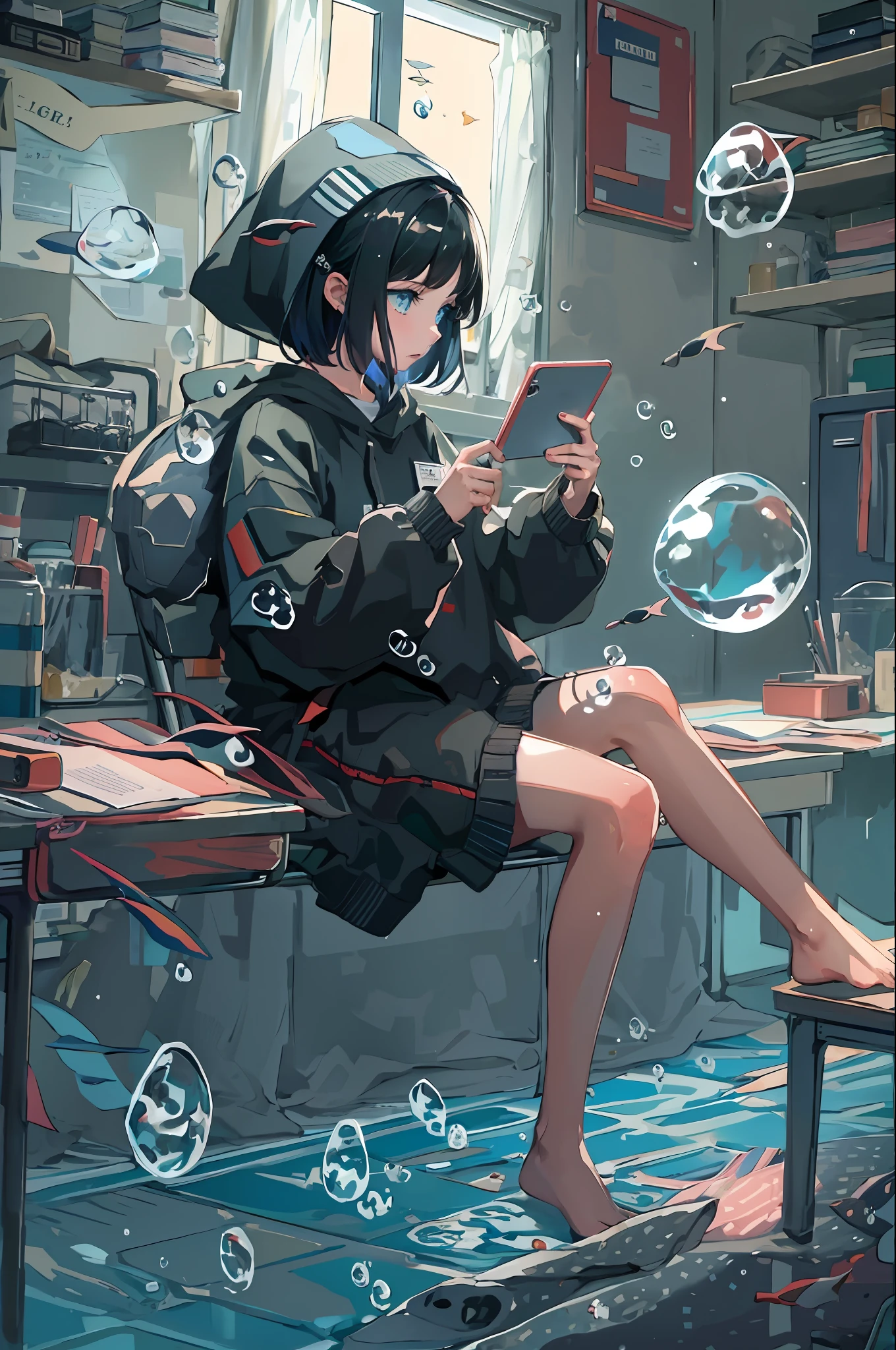 linear art, 
1girl in, Solo, Short hair, Black hair, Long sleeves, Sitting, Barefoot, Indoors, hoods, Bare legs, phone, The table, knees up, desk work, Fish, Bubble, under the water, Air bubble,