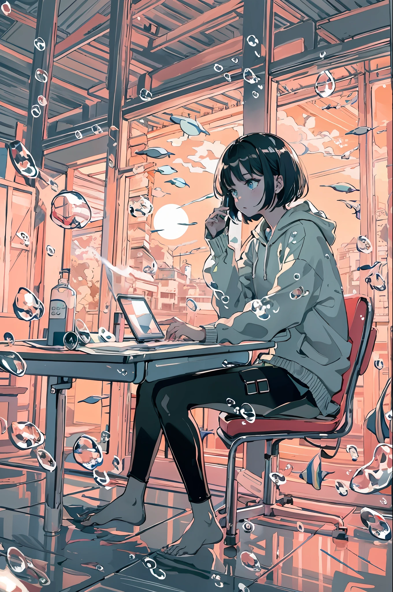 linear art, 
1girl in, Solo, Short hair, Black hair, Long sleeves, Sitting, Barefoot, Indoors, hoods, Bare legs, phone, The table, knees up, desk work, Fish, Bubble, under the water, Air bubble,