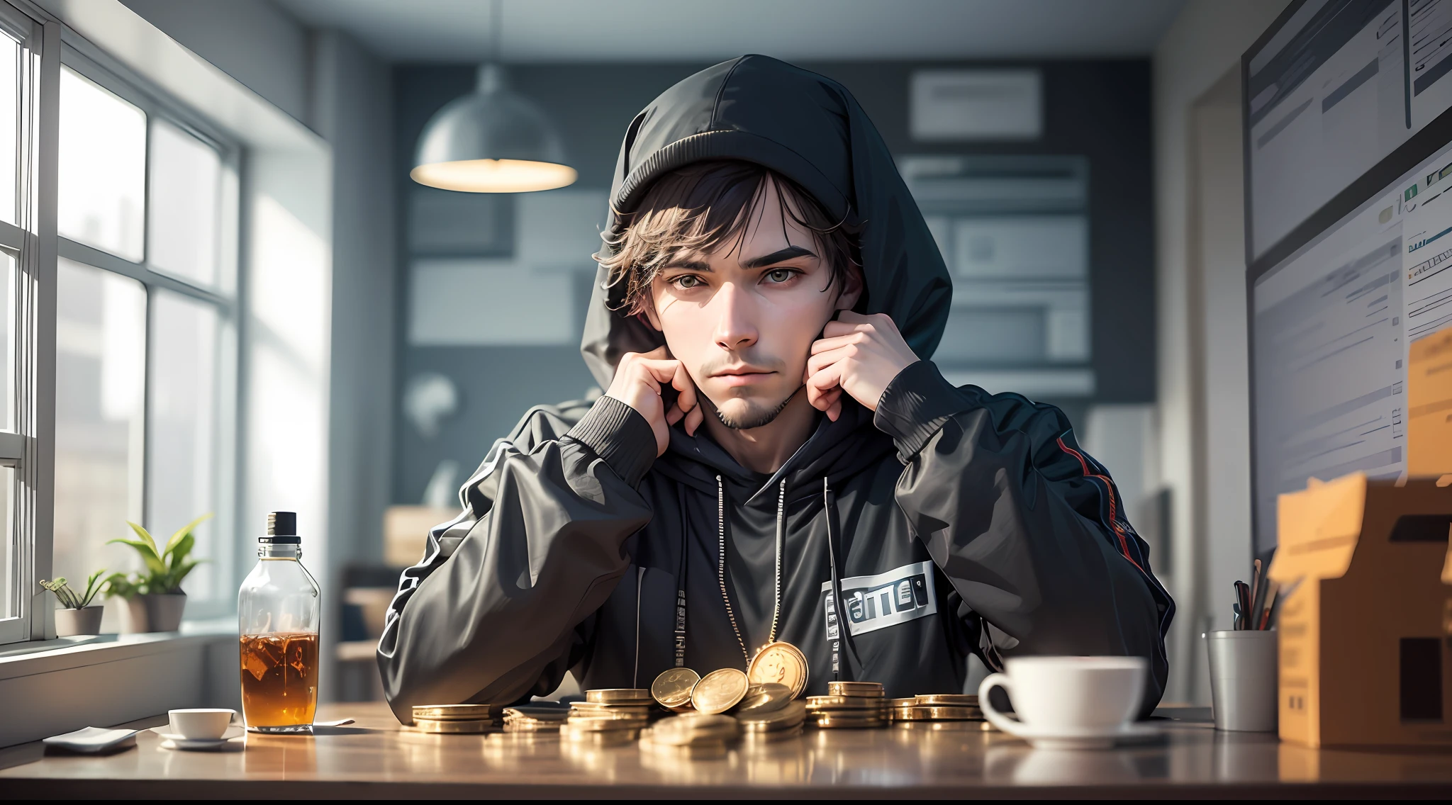 Create an image of a hacker in a room with several Bitcoin on the table --auto --s2