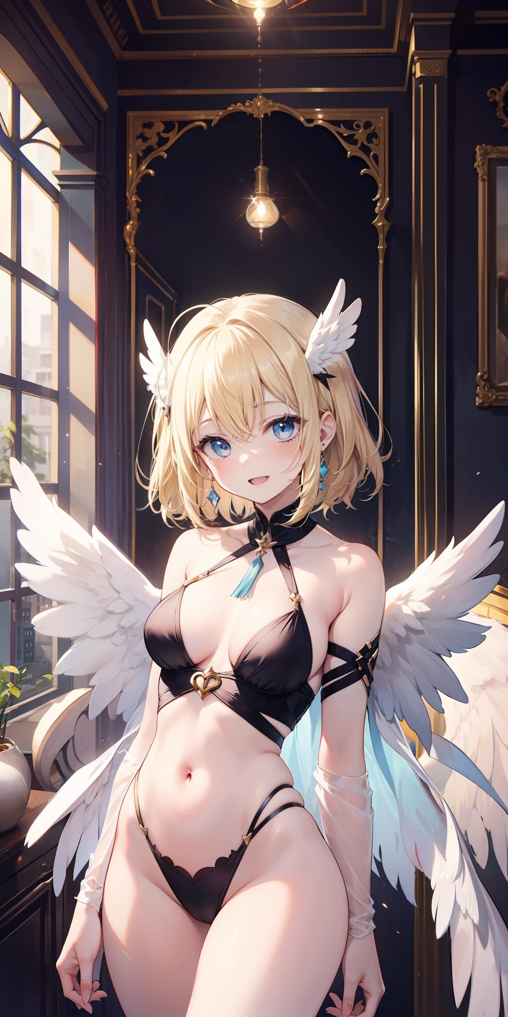 Angel girl, angel wings on back, pale skin, blue eyes, ear, nose, open mouth, smiling, blonde hair, neck, shoulders, arms, belly, thin waist, thick legs, big thigh, standing