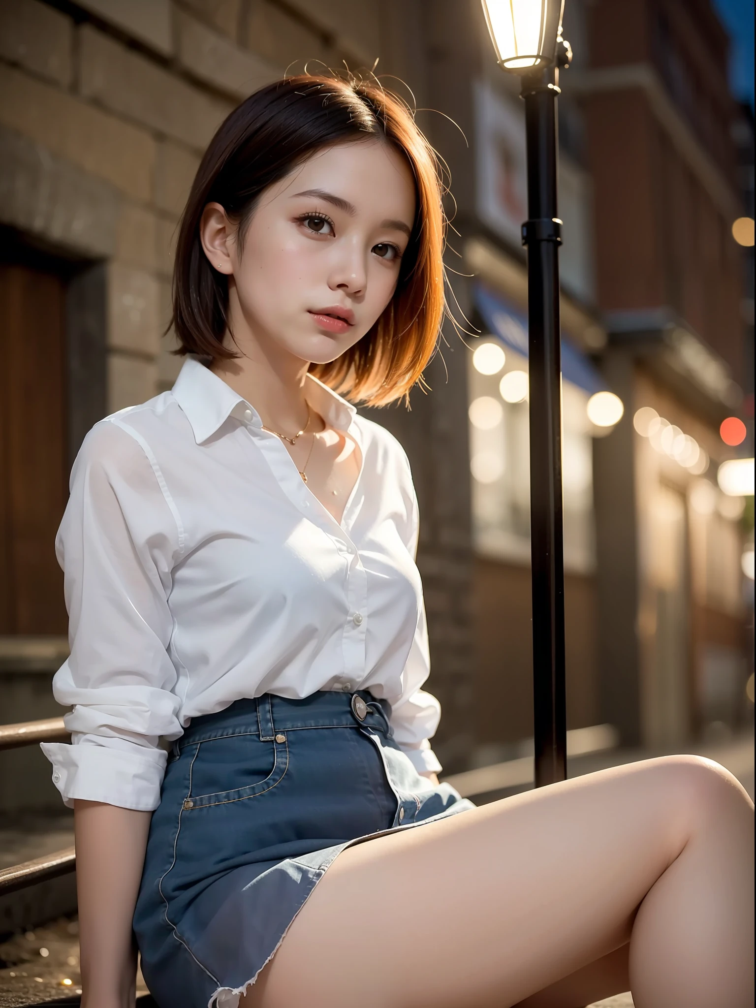 ((top quality, 8k, masterpiece: 1.3, raw photo)), Sharp Focus: 1.2, (1 aespa girl: 1.2), (Realistic, Photorealistic: 1.37), (face focus: 1.1), cute face, small breasts, flat chest, short messy hair, (wet long button white shirt: 1.1), she is rolling up her skirt, showing white panties, Beautiful Woman Sitting Under Street Lamp Light, cinematic lighting