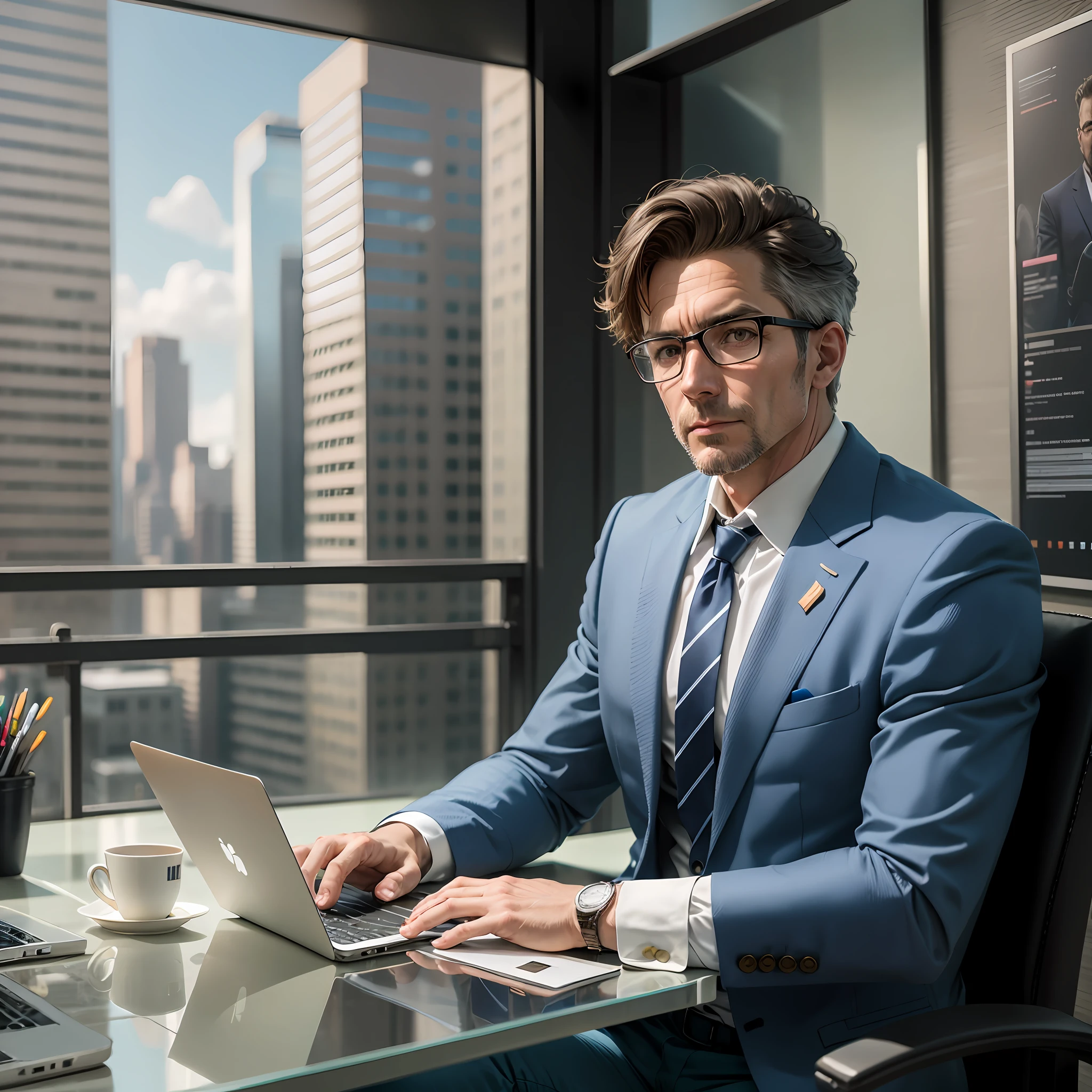 homem de 43 anos, wearing suit and blue pants, camisa branca e gravata roxa, sitting in a downtown home office with laptop and cell phone on the table and in the background surrounding buildings. --auto --s2