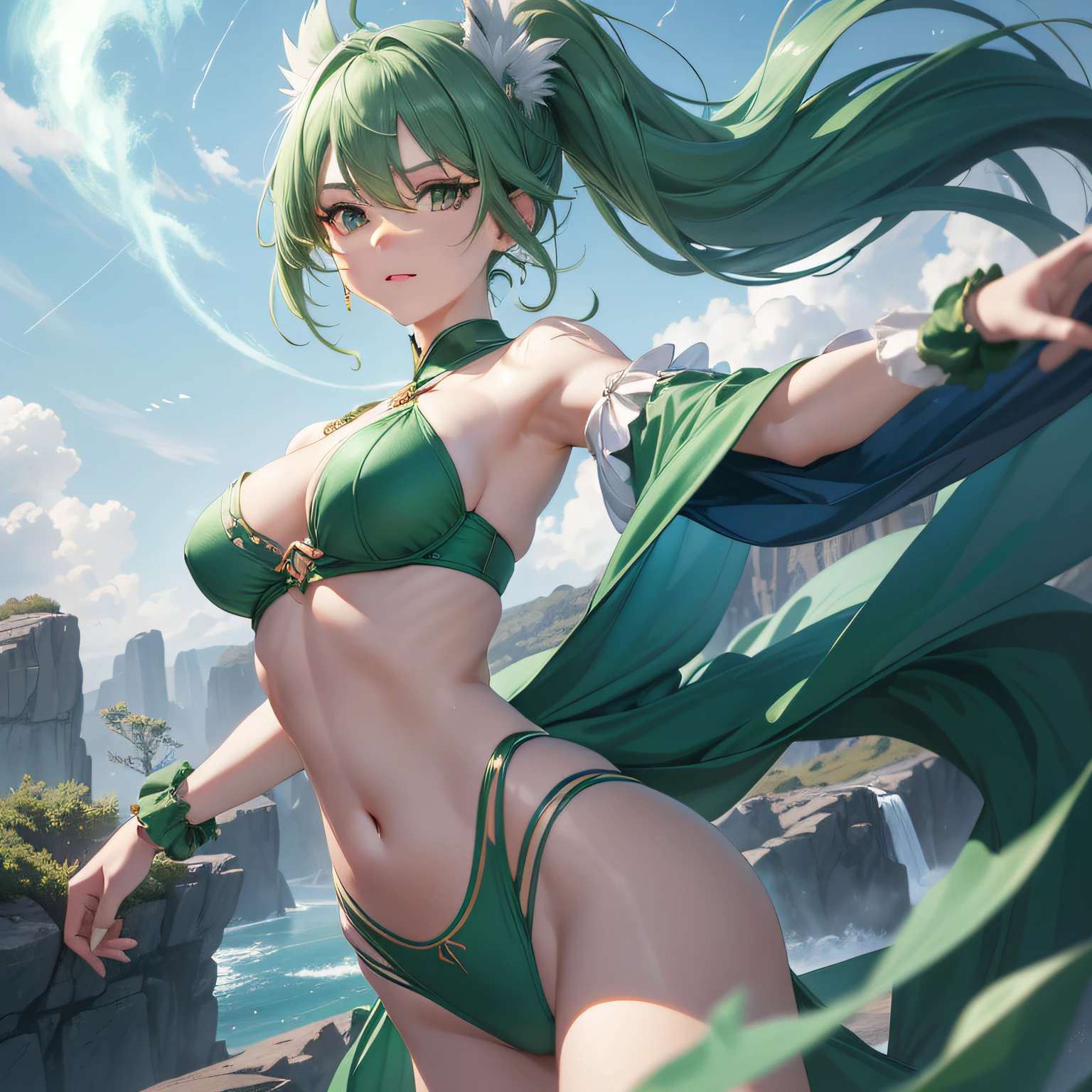 Air Element Keywords：
Emerald green hair　Emerald color clothes　Holding a thin rod resembling tact in his hand
Air Spirit
Wind and storm control
Intangible existence
Free spirit
Connection with nature
Vitality and intelligence
One of the four elements
Mystical beings
Fantastic creatures
Embodying the power of nature　personification　femele　hposing Gravure Idol　a beauty girl　Mystical　Fictional creatures　chimera