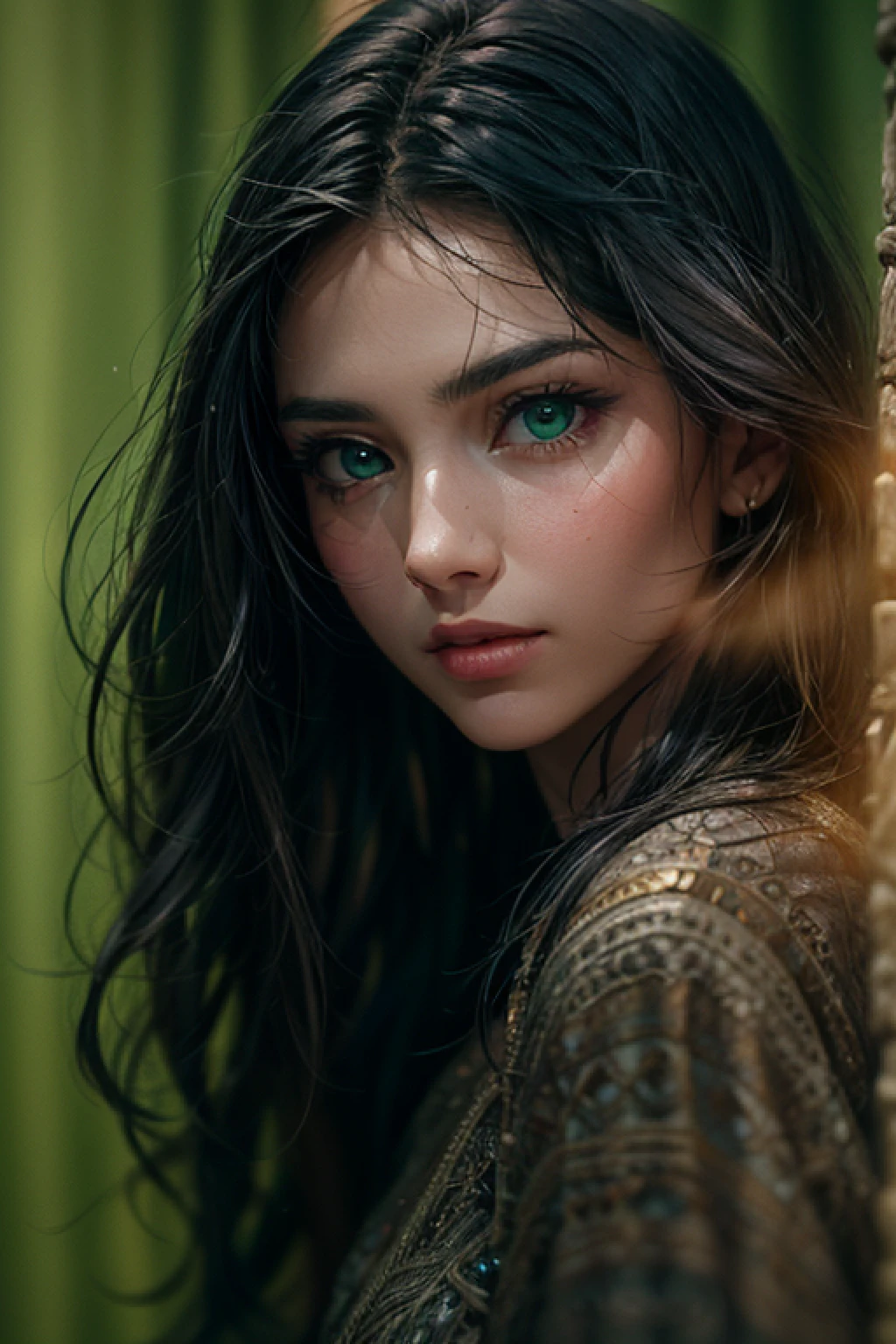 medium close-up photo of a beautiful arabian girl, adorable face, black long hair, no makeup, realistic skin texture, warm, low saturation, green, rich colors, by Alessio Albi, nikon d850, zeiss otus 85mm f/1.4, hyper realistic ,lifelike texture, dramatic lighting, cinestill 800
