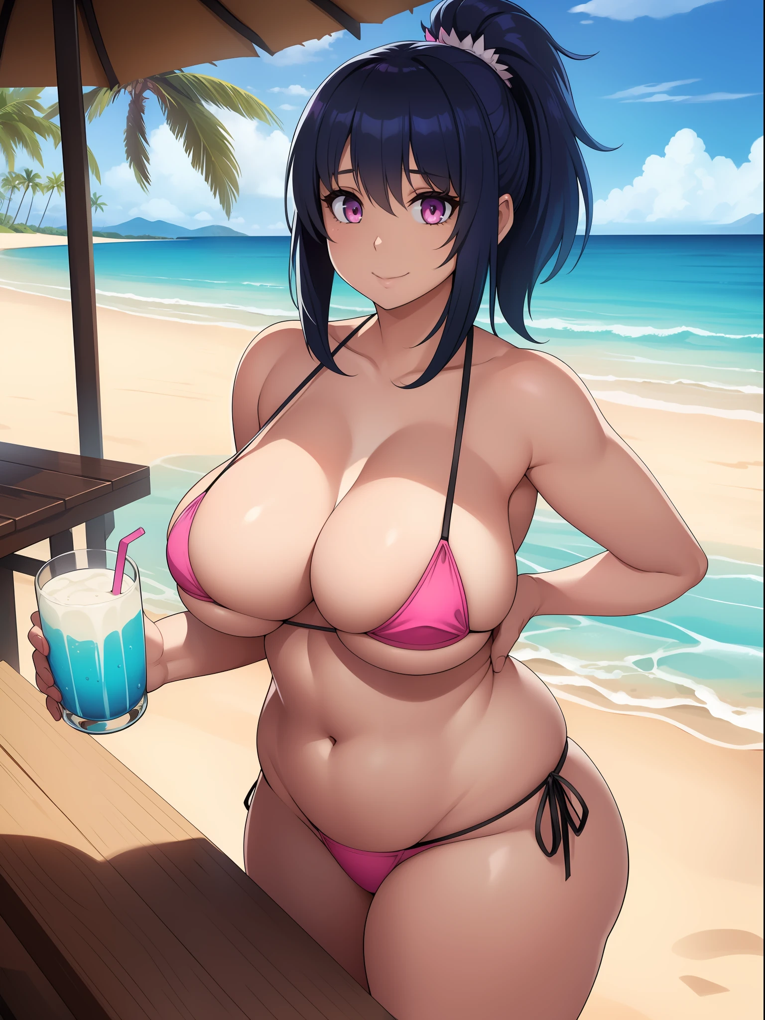 (((kipteitei art))), ((masterpiece)), (((best quality))), ((ultra-detailed)), (((illustration))), detailed face, ultra cute face, detailed body, ((1girl)), ((solo)), blue hair, ((fluffy hair)), medium hair, ponytail, hair between the eyes, pink eyes, flirting, suggestive smile, looking at viewer, cowboy shot, black side tie bikini, micro-bikini, holding a drink, standing on the beach, palm trees, beach resort, medium breasts, cleavage, perky breasts, wide hips, (thick thighs), tummy, thicc,