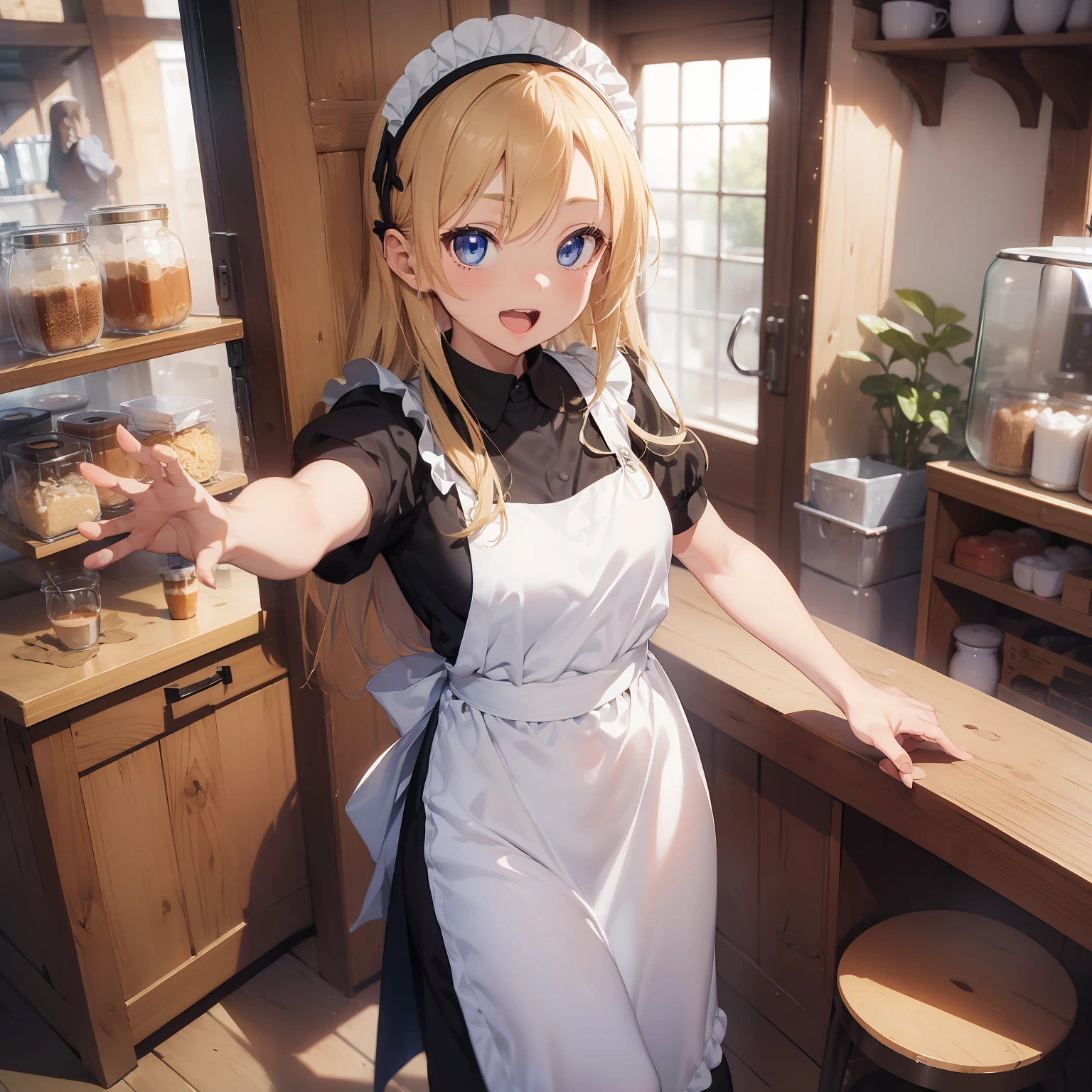 (superfine illustration:1.2),(masutepiece, 8K), (Best Quality, High quality:1.4), portlate、((Super Pastel)),Perfect Anatomy, Hyper Detailed, ultra-detailliert,masterpiece background,beautiful detailed background, V8K Wallpapers,perfect design, 1girl in, Solo, (Outstretched arms,slender, Very short sleeves,a blond,maid, I'm surprised、door, From  above, Cowboy Shot:1.2), (lightsmile, Open mouth, 17 years old, a blond, Long hair,(put out one's forehead)、(Forehead)、(Lack of hair between the eyebrows and forehead), Blue eyes, Blue eyes, Black blouse, Short sleeves, maid apronl, white maid apron, Long black trousers, Long pants, long boots, Slender girl), (Inside a coffee shop in a fantasy world of medieval Europe)、Taking orders