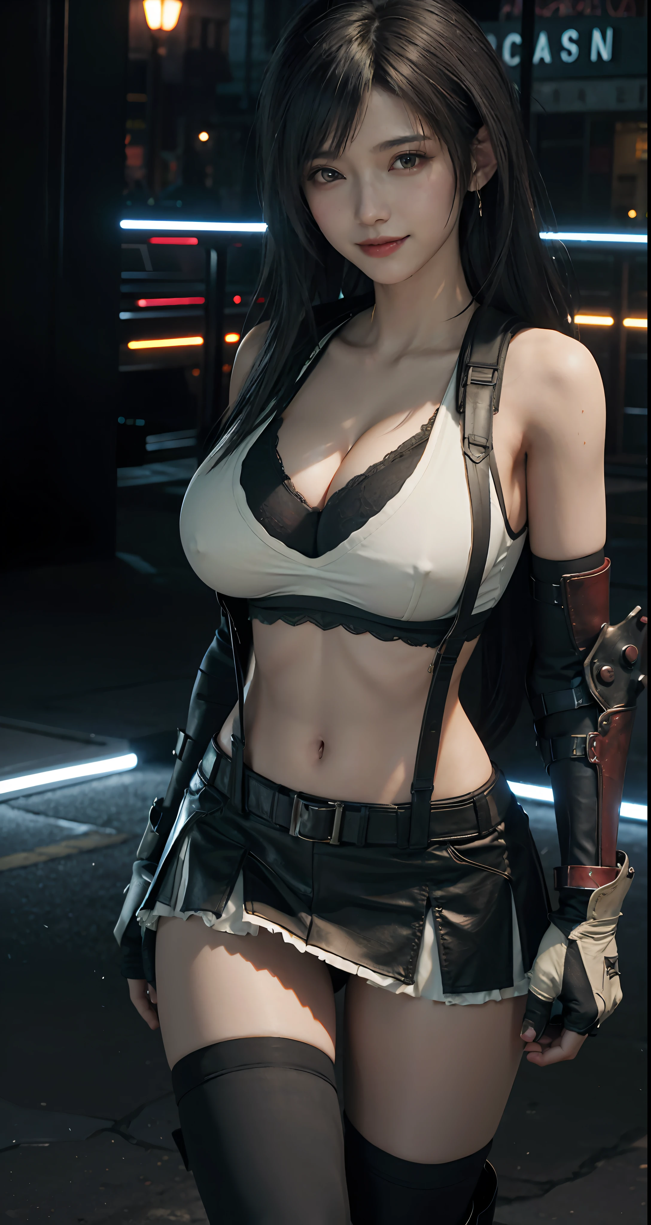 (8k、Highest Quality、A masterpie:1.2)、(Realistic、Photorealistic:1.3 People 7)、Super detailed、Girl 1 Mature Mature Woman Mature Female Male、cutest、独奏、、、、、、(Tifa Lockheart)、(big breastes)、(((Huge boobs)))、(((Change, Show bra)))、(((black bra)))、(beautiful eye)、(Smiling smile:1.2)、(hooded)、erotic pose、Dance、Neons、Street landscapes、and depth of field、Dark and strong shadows、sharp-focus、Auto、Motion blur、BIKE、and depth of field、composition、Glowing green light、Final Fantasy VII、instrument、(nose blush)、Single elbow pad、ankle boots、dark black hair、black thigh、red boots、elbow gloves、elbow pads、partially fingerless gloves、tight shirt、sports bra、(Suspenders,,,,,)black skirt)、thights、white tanktop、All over body、headrest、s lips、facial、Long hair with low Thai、(Red_Eye))、Yellow flowers、(night time:1.3)、Complex、bokeh、Cinematic lighting、Photon mapping、radiosity、physically based rendering、(Tetsuya Nomura style)、NSFW、A perfect chest