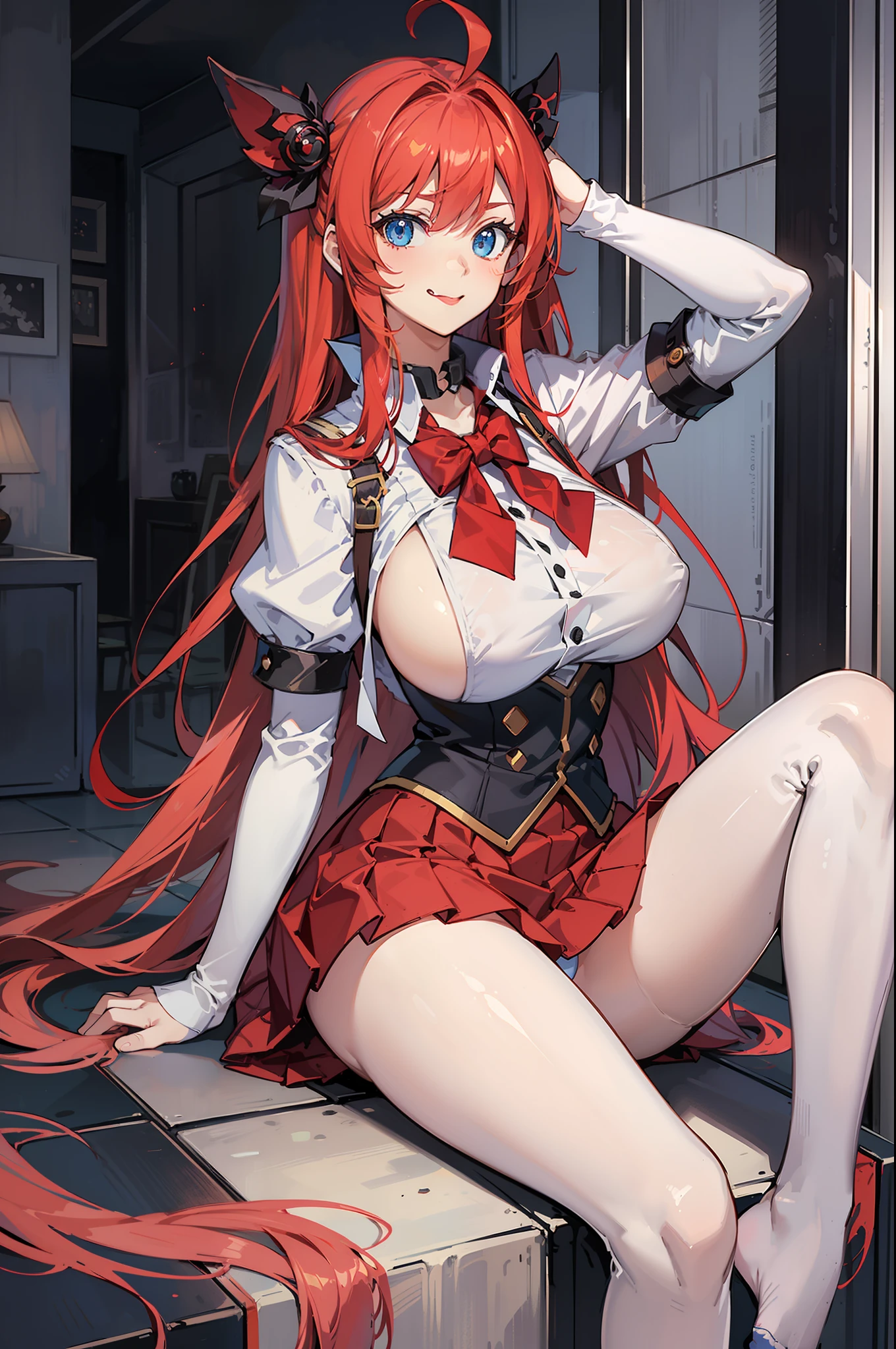 ​masterpiece, top-quality, hight resolution, top-quality, hight resolution, Rias Gremory, 1girl in, length hair, student clothes, red hairs, Ahoge, blue eyess, large full breasts, Very long hair, breastsout, skirt by the, huge ahoge, sockes, legs spread out, panties on, a smile, put out the tongue