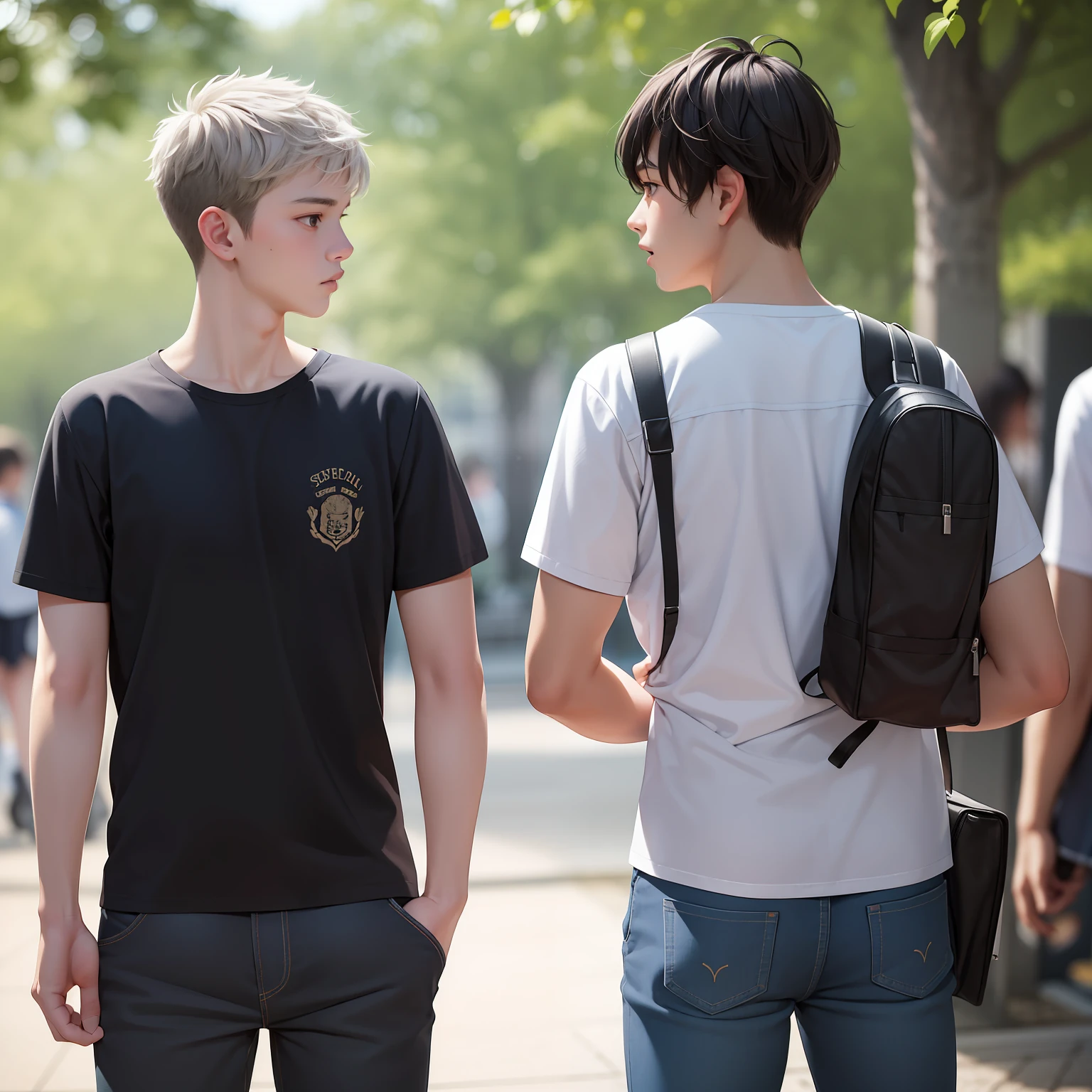 Two -yeld tege friends with Latin skin and light gray hair are worried they say something to each other. ,At school they are talking about an important topic are friends almost like brothers.....