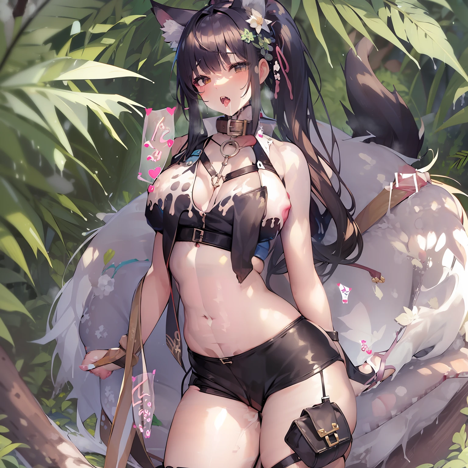 ((Masterpiece)), (Best Quality), Solo, miosha1, hair ornament, ponytail, wolf tail, swimsuit, white shorts, thigh strap, black jacket, leaf print, collar, string bikini, (NSFW:2.0)