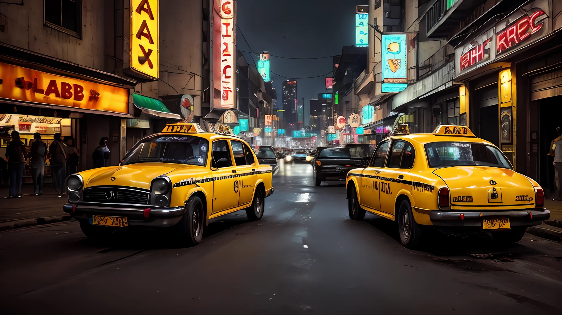 um taxi na chuvosa cidade cyberpunk bustling with neon signs(((cinematic lighthing))), noite, Chuva, luz suave do cinema, Adobe Lightroom, photographic lab, HDR, imenso detalhe, renderizado, fotografia profissional