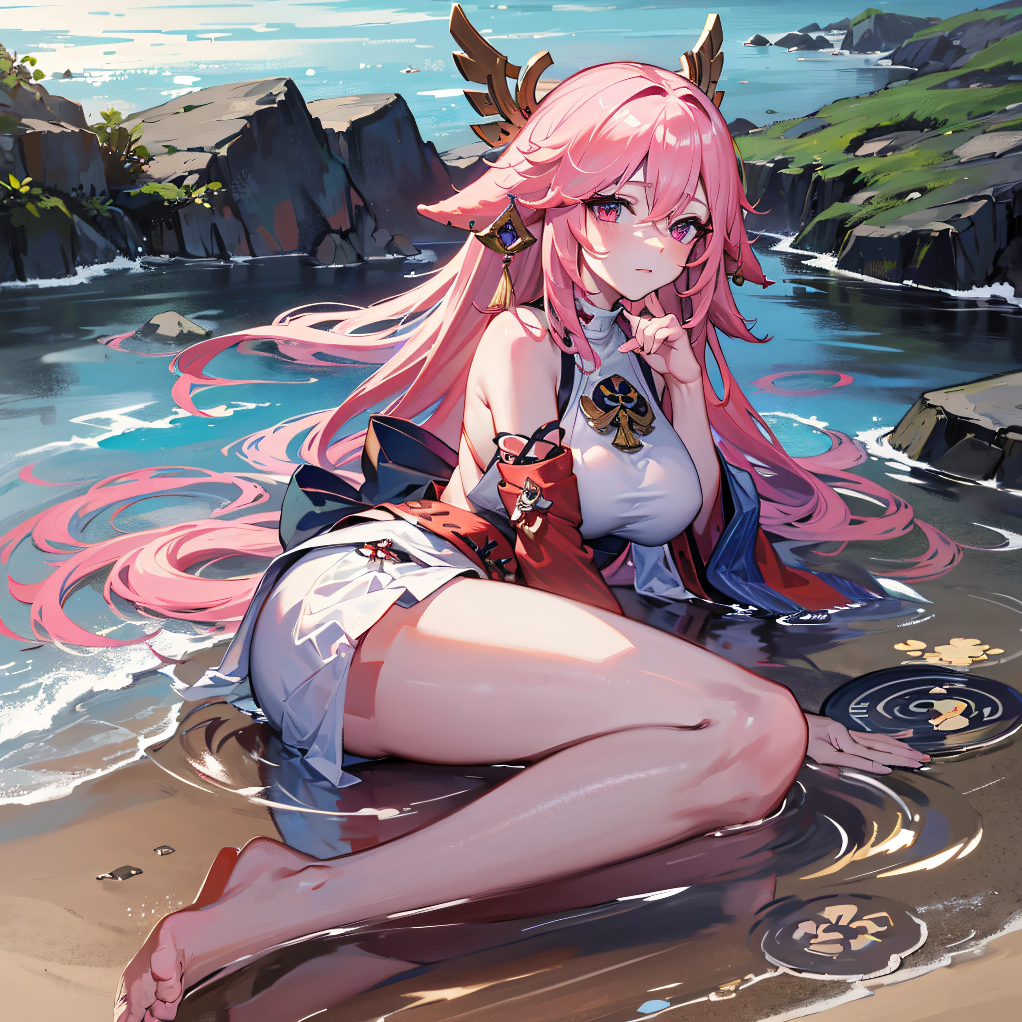 yae miko,1个Giant Breast Girl,独奏,Voice of the Heart,Presented from a rear perspective,Tights wearing a white close-fitting swimsuit,Located on the beach,during dawn,Illuminated,She has pink hair,Lie down in the hip position。
