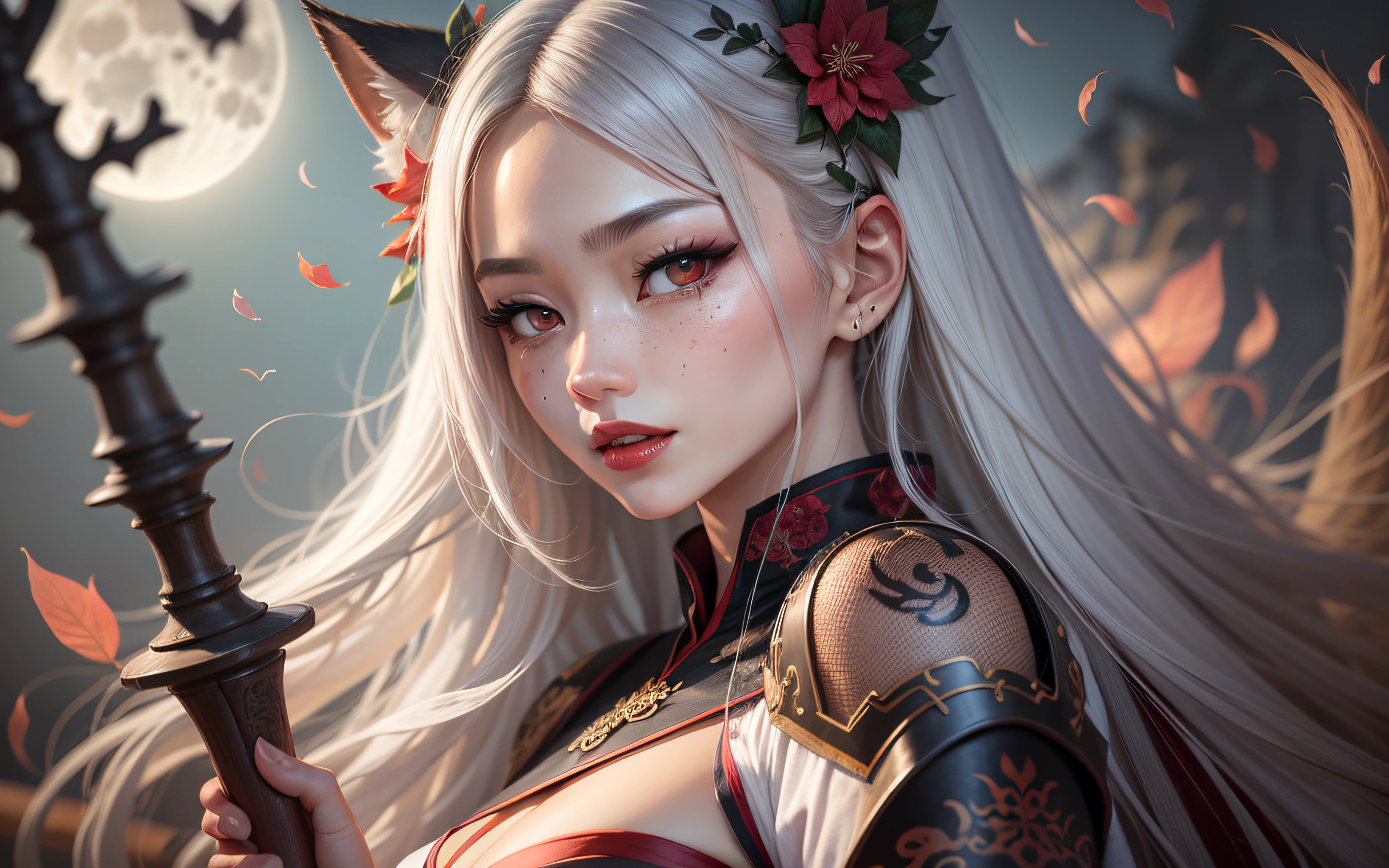 cabelos preto e longos,largeeyes,Red pupils,Red lips,tear-mole,Melon seed face,Small lips,tall nose bridge,Chinese style girl,Sister,Nine-tailed fox fairy,Hanfu,Red wedding dress,big breasts enchanting,Hook the soul,Femme and moving,Flirtatious,ssmile,amaryllis,White moonlight,High-definition detailed drawings,tmasterpiece。