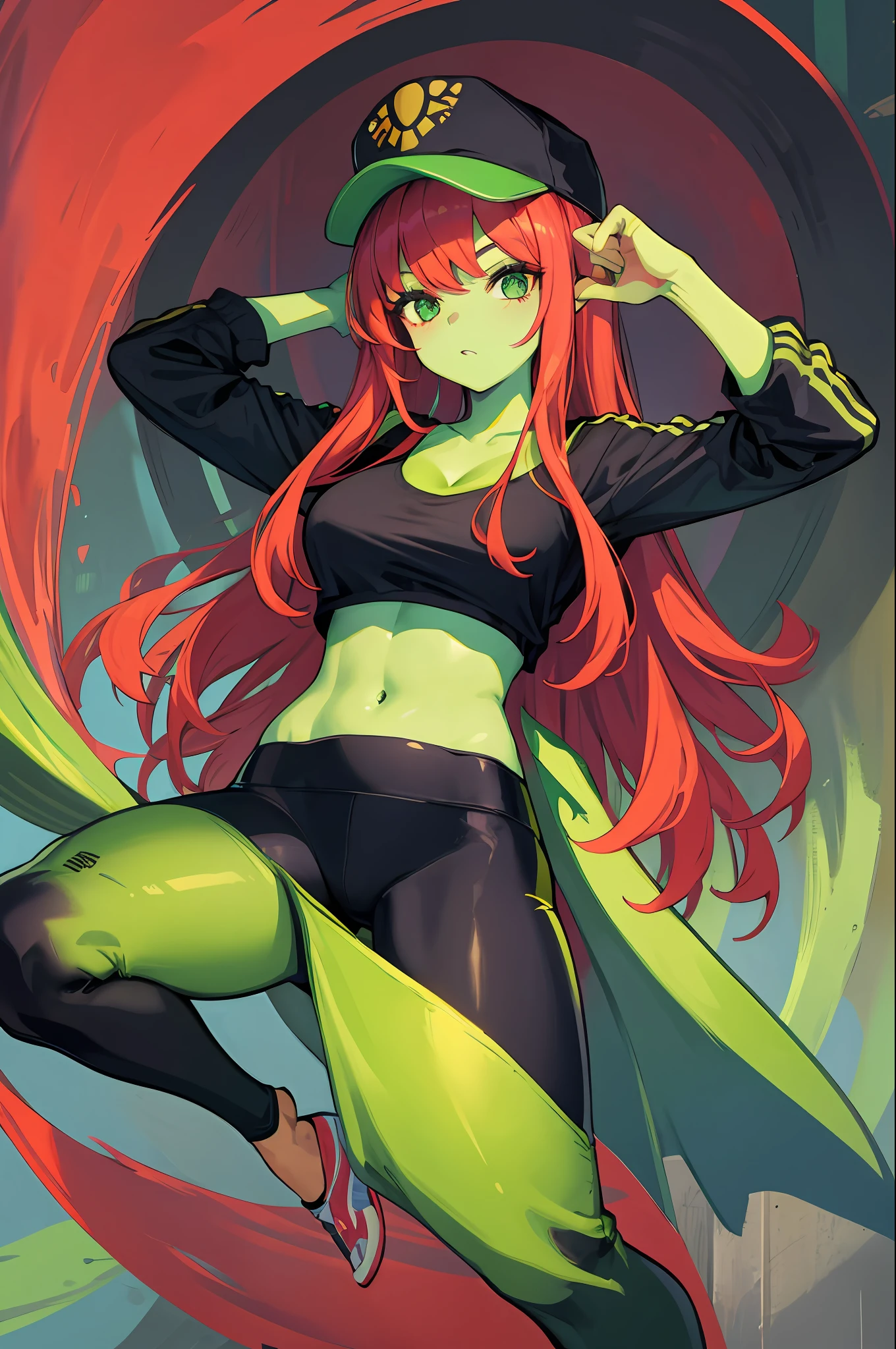 Girl with green skin，Wear seven-point yoga pants，redheadwear，