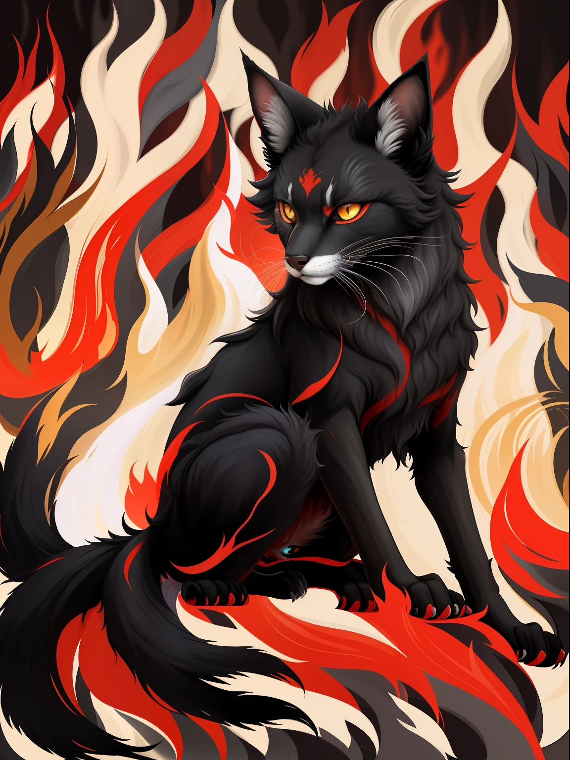 pintura de um gato preto sentado em um fundo vermelho e branco, warrior cats fan art, chama na pele, gatos guerreiros, Jen Bartel, fiery coloring, three - tailed fox, Directed by: Lisa Nankivil, arte peluda muito bonita, ele tem olhos de fogo, olhos de fogo, Kitsune Three - Raposa de cauda, fanart detalhado, rabo de cavalo