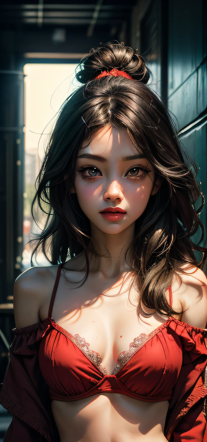 tmasterpiece, beste-Qualit, 1 girl, Aqua-colored eyes, black hair, closed mouth, multicolored background, looks at the viewer, exteriors, 独奏, upper-body, winning, clean, beatiful face, Face Clean, pale skin, sexypose,(( topic , off-shoulder, bellybutton, briefs)), hairlong, ((perfect female figure)) Jisoo, seductive, Very detailed, beste-Qualit, tmasterpiece, hight resolution, Original, extremely detailed 8K wallpaper ,tmasterpiece,beste-Qualit,illustartion,beautifully detailed eyes,电影灯光,
