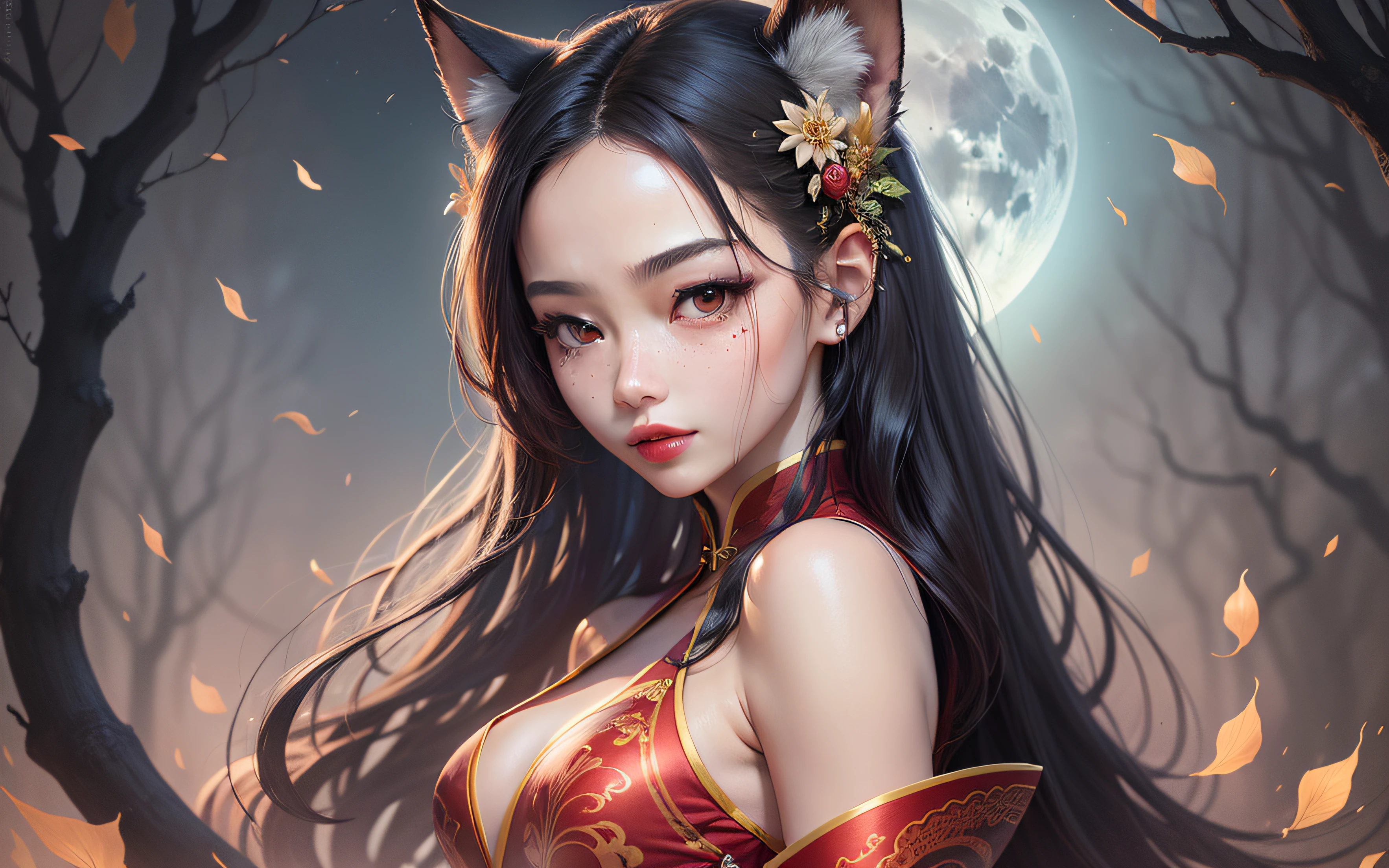 cabelos preto e longos，largeeyes，Red pupils，Red lips，tear-mole，Melon seed face，Small lips，tall nose bridge，Chinese style girl，Sister，Nine-tailed fox fairy，Hanfu，Red wedding dress，big breasts enchanting，Hook the soul，Femme and moving，Flirtatious，ssmile，amaryllis，White moonlight，High-definition detailed drawings，tmasterpiece。