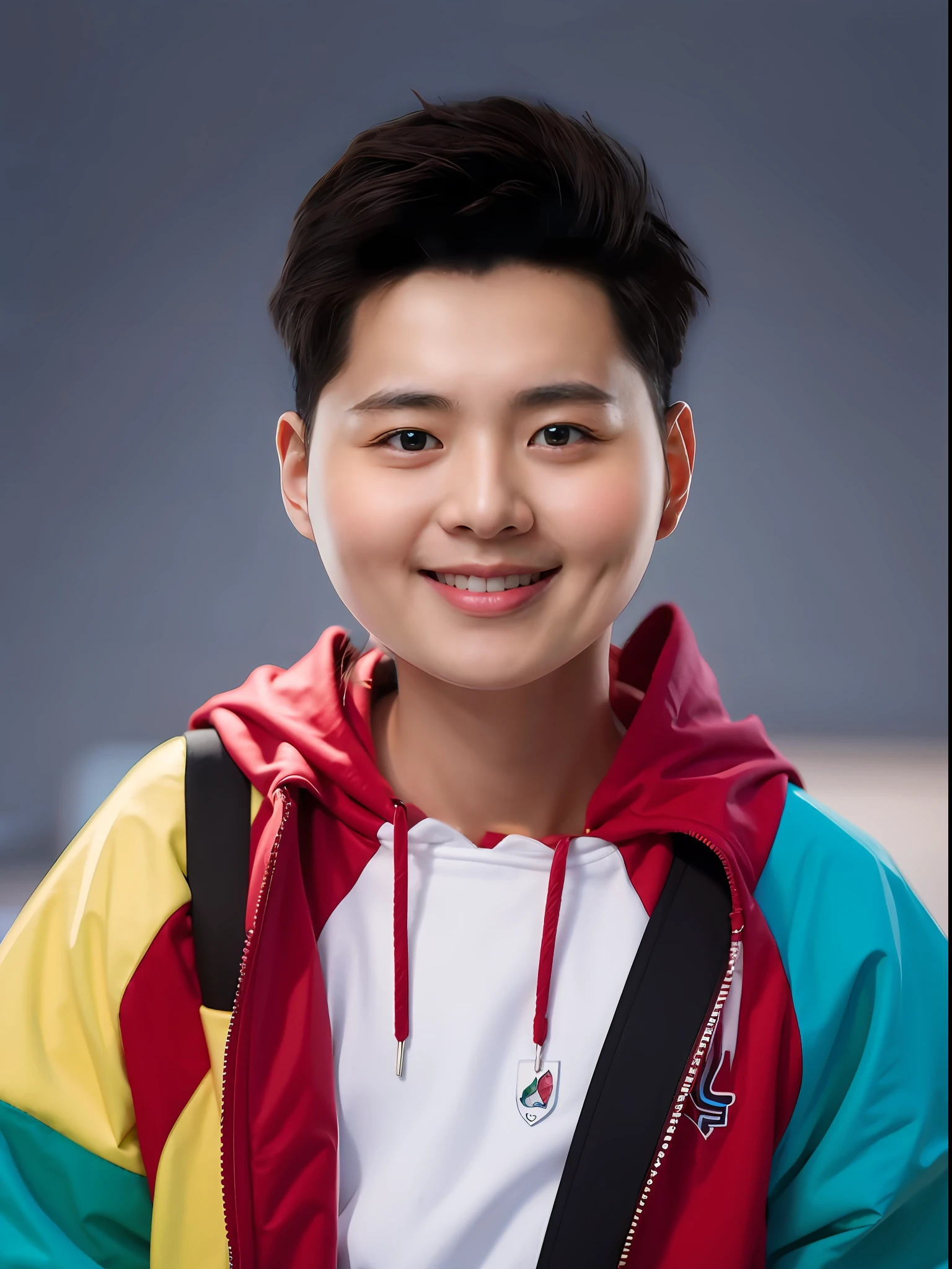 A Chinese middle school student,Wear a PVC sweatshirt