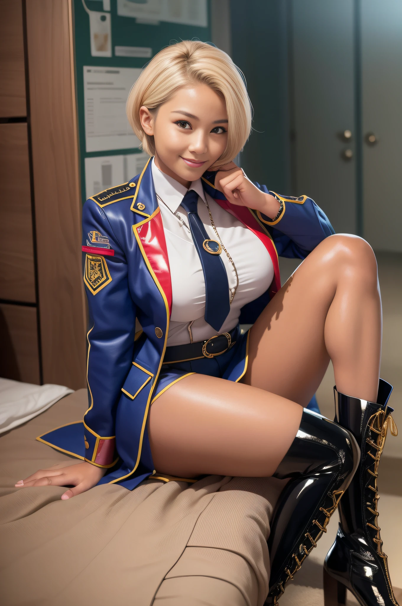 on the beds、skin tanned、A slight smil、clothes shiny、full-body view、