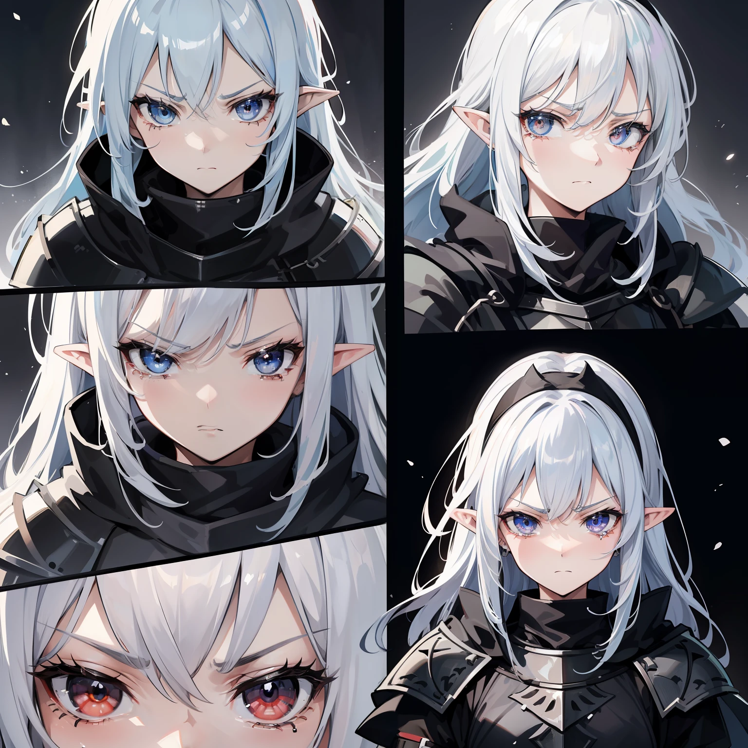 silver hair, angry, frown, scowl, fume, heavy breathing, rape face, long pointy ears, glaring, crying with eyes open, anime style, first-person view, character chart, reference sheet, UHD, masterpiece, textured skin, super detail, high details, high quality, award winning, best quality, highres, 16k,(1petty Girl)(Knight:1.5),Upper body focus,Face focus:1.7,teary,Wearing a black heavy armor,Close-up of facial expressions,Graphic illustration