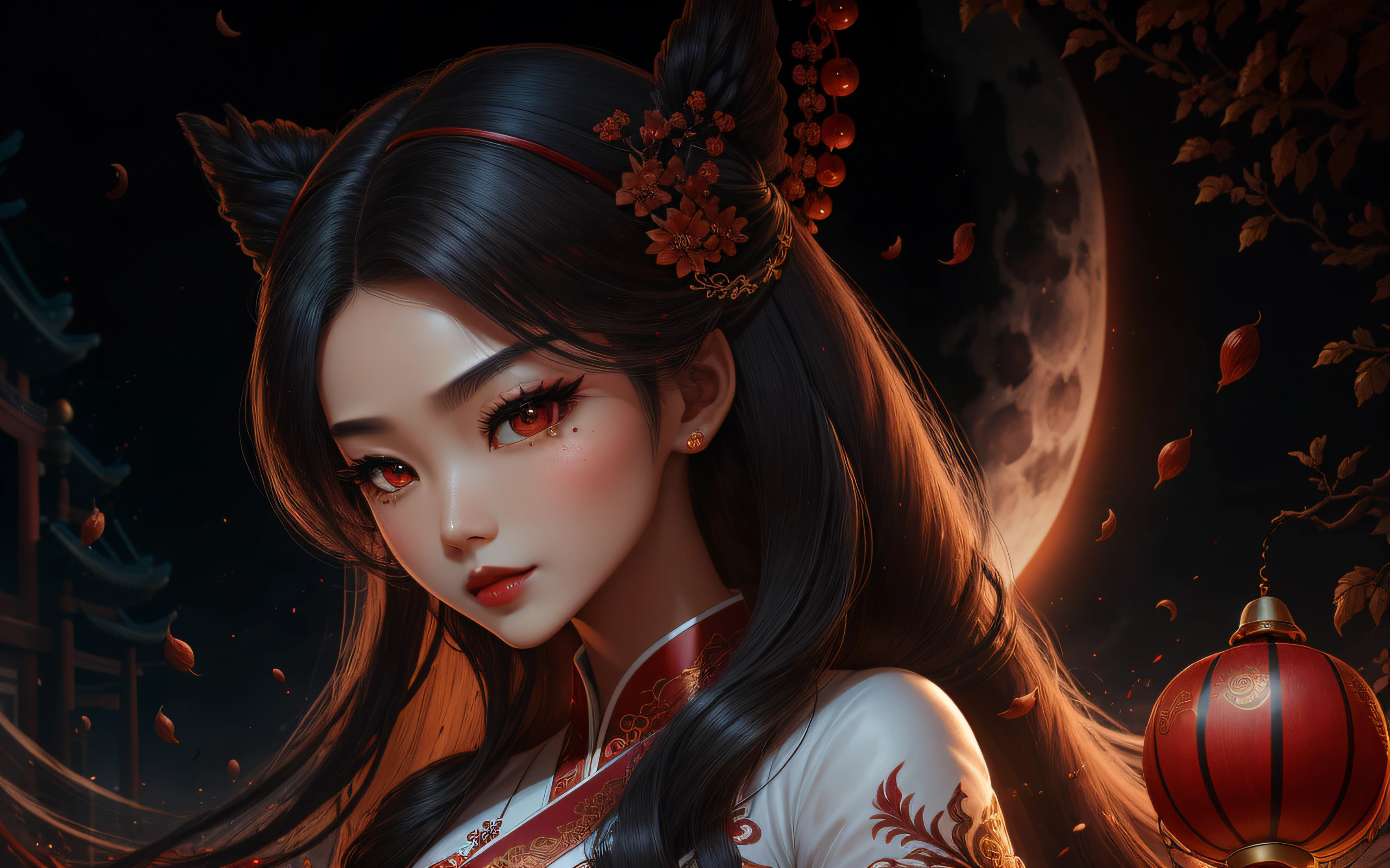 cabelos preto e longos，largeeyes，Red pupils，Red lips，tear-mole，Melon seed face，Small lips，tall nose bridge，Chinese style girl，Sister，Nine-tailed fox fairy，Hanfu，Red wedding dress，big breasts enchanting，Hook the soul，Femme and moving，Flirtatious，ssmile，amaryllis，White moonlight，High-definition detailed drawings，tmasterpiece。 --auto