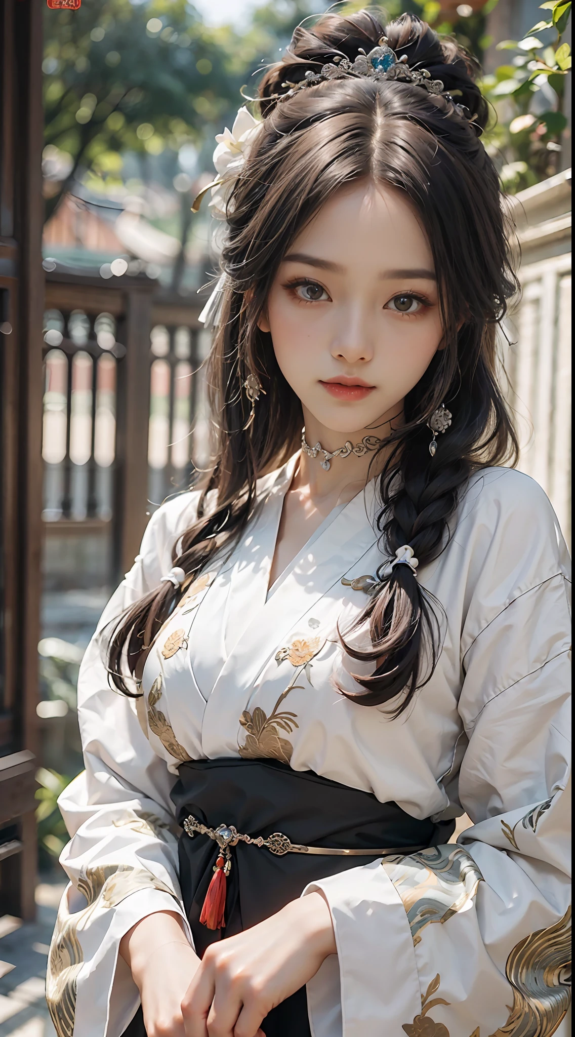 (Daisaku),(Need),(Super meticulous),best qualtiy，tmasterpiece，A high resolution，a beauti，Blushlush，Bright big eyes,Chinese Hanfu，Luxurious tiara，White light gauze Hanfu， Xianxia, conservativelydressed，choker necklace，jewelry，beautfully face，Half-life portrait，Courtyard background of ancient Chinese architecture，8k wallpaper，tmasterpiece，Best quality at best，ultra - detailed，(beautiful  detailed face),(美丽细致的眼睛)k hd，Unbeatable masterpiece