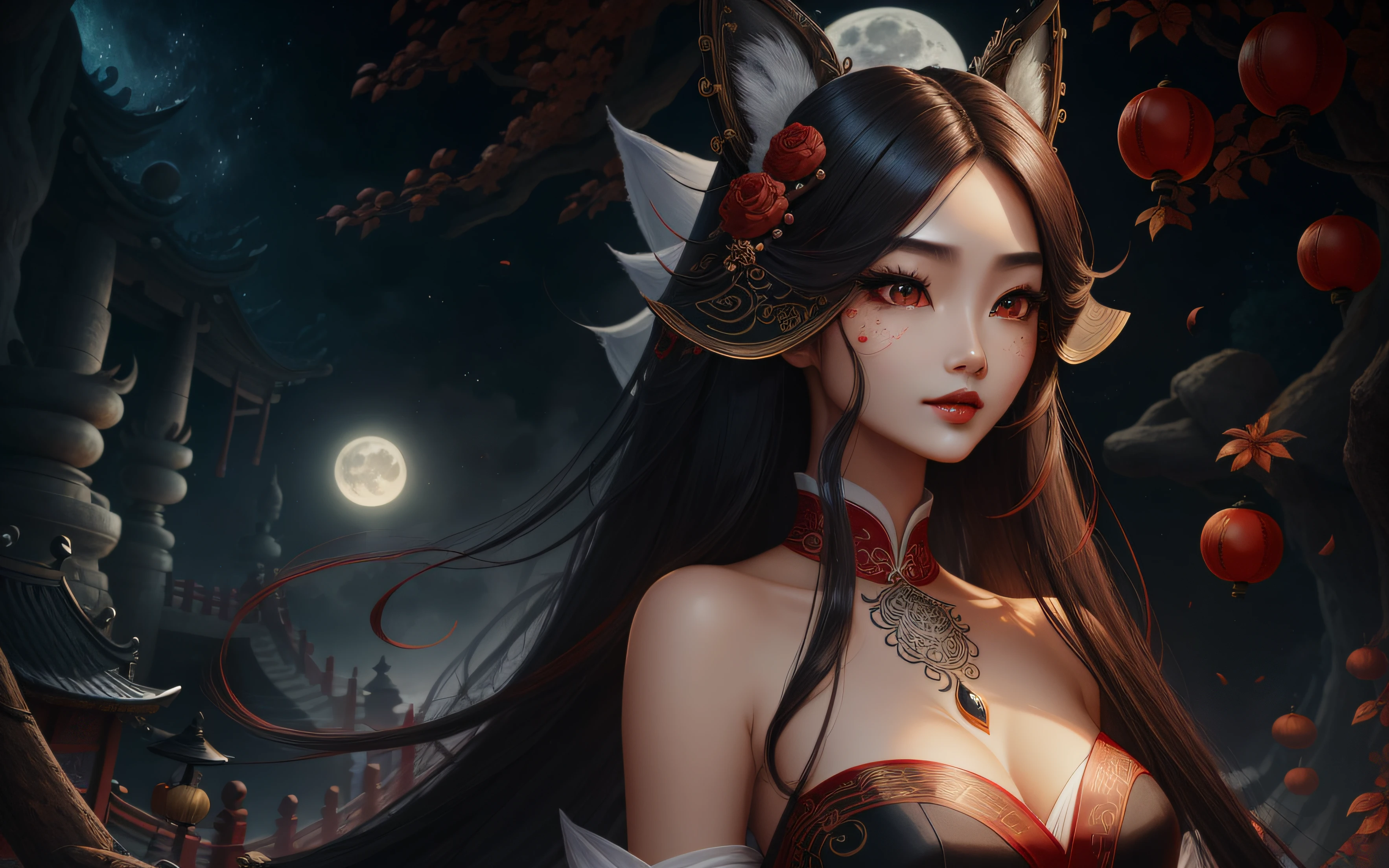 cabelos preto e longos，largeeyes，Red pupils，Red lips，tear-mole，Melon seed face，Small lips，tall nose bridge，Chinese style girl，Sister，Nine-tailed fox fairy，Hanfu，Red wedding dress，big breasts enchanting，Hook the soul，Femme and moving，Flirtatious，ssmile，amaryllis，White moonlight，High-definition detailed drawings，tmasterpiece。 --auto