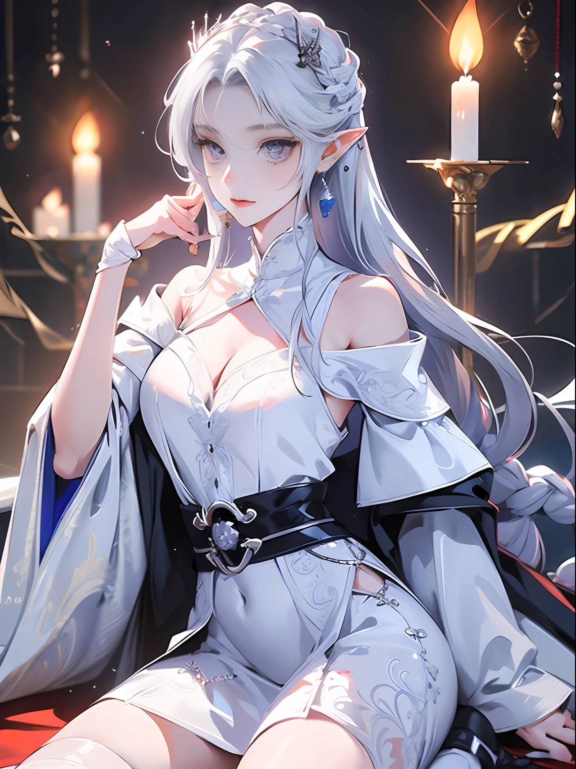 Best quality, highly detailed, masterpiece, ultra detailed, (reality: 1.2), 1 girl, (white background), simple background, delicate eyes, silver hair, purple eyes, hair_ornament, (white off-the-shoulder shirt: 1.3), long hair, pointy_ears, crown_braid, expressionless, straight hair, (++ sitting: 1.2), room,