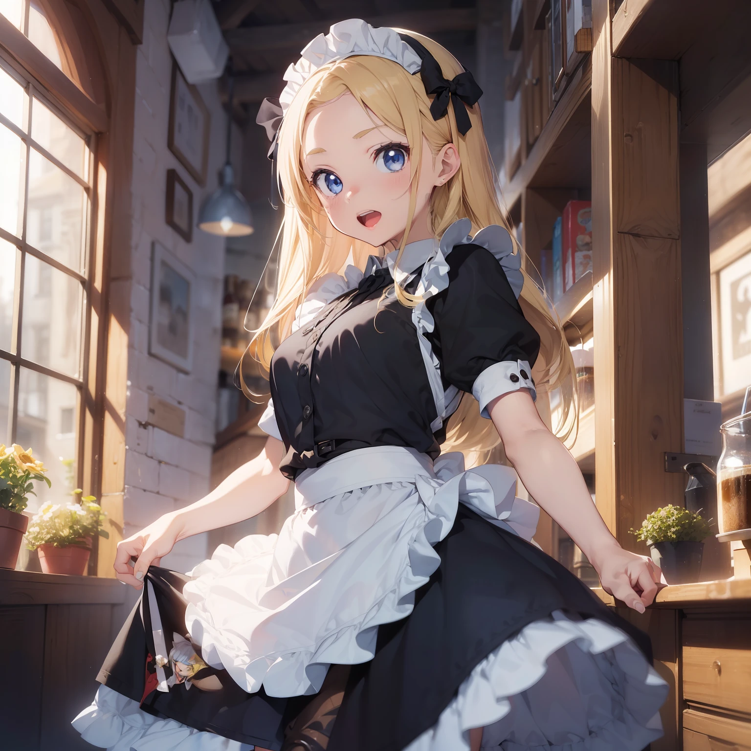 (superfine illustration:1.2),(masutepiece, 8K), (Best Quality, High quality:1.4), portlate、((Super Pastel)),Perfect Anatomy, Hyper Detailed, ultra-detailliert,masterpiece background,beautiful detailed background, V8K Wallpapers,perfect design, 1girl in, Solo, (Outstretched arms,slender, Very short sleeves,a blond,maid, I'm surprised、 frombelow, Cowboy Shot:1.2), (lightsmile, Open mouth, 17 years old, a blond, Long hair,(put out one's forehead)、(Forehead)、(Lack of hair between the eyebrows and forehead), Blue eyes, Blue eyes, Black blouse, Short sleeves, maid apronl, white maid apron, Long black trousers, Long pants, long boots, Slender girl), (Inside a coffee shop in a fantasy world of medieval Europe)、Take an order