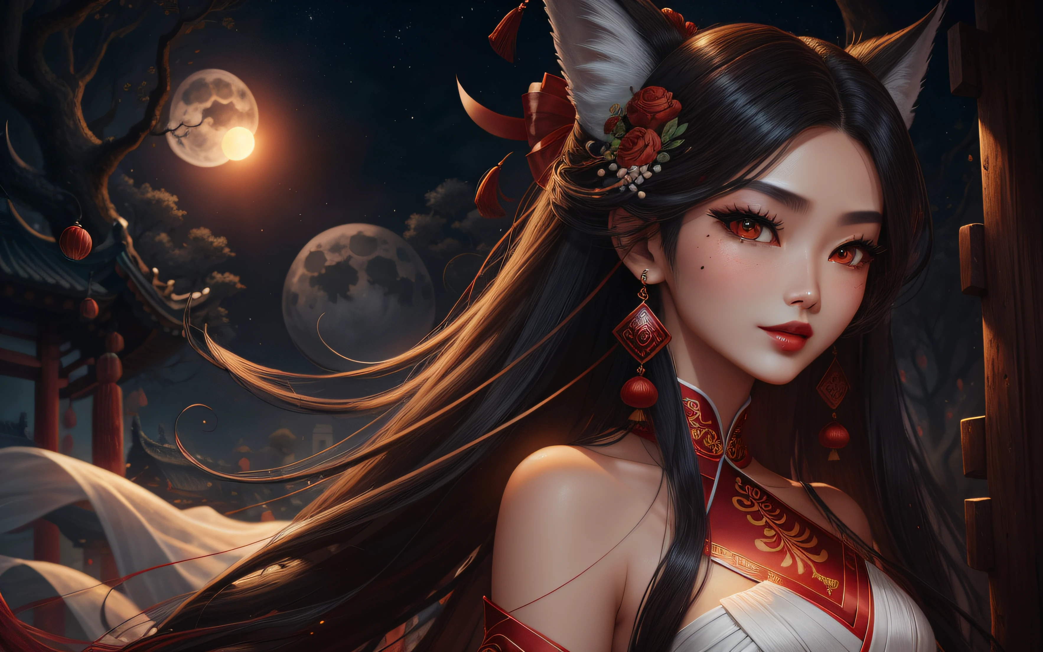 cabelos preto e longos，largeeyes，Red pupils，Red lips，tear-mole，Melon seed face，Small lips，tall nose bridge，Chinese style girl，Sister，Nine-tailed fox fairy，Hanfu，Red wedding dress，big breasts enchanting，Hook the soul，Femme and moving，Flirtatious，ssmile，amaryllis，White moonlight，High-definition detailed drawings，tmasterpiece。 --auto