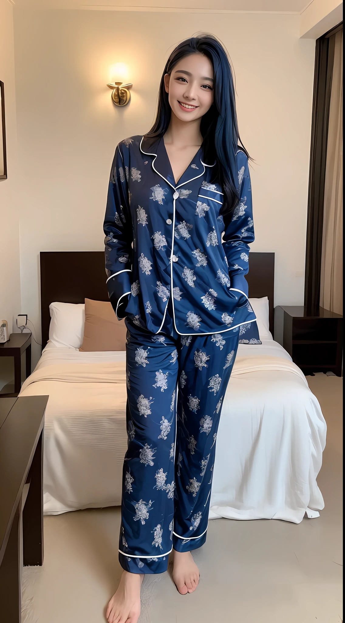 ((Best quality, 8k, Masterpiece :1.3)), 1girl, smiling, full body, slim face, Pretty woman, (Dark blue hair), full length pajama :1.1, Ultra-detailed face, Detailed eyes, Double eyelid, blur background, slim face, home, inside,