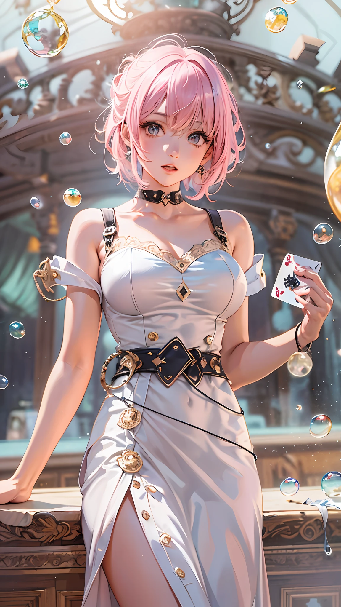 1girl, pink hair,18 years old,White dress,Perfect female body, neat figure, slender waist, Black silk,
full body, looking at viewer, (cowboy shot:1.2),Poker face,
Sunlight,indoors,bubbles,
(best quality), (ultra detailed), (masterpiece), (highres), (original), (extremely detailed CG unity 8K wallpaper),detailed manga illustration，