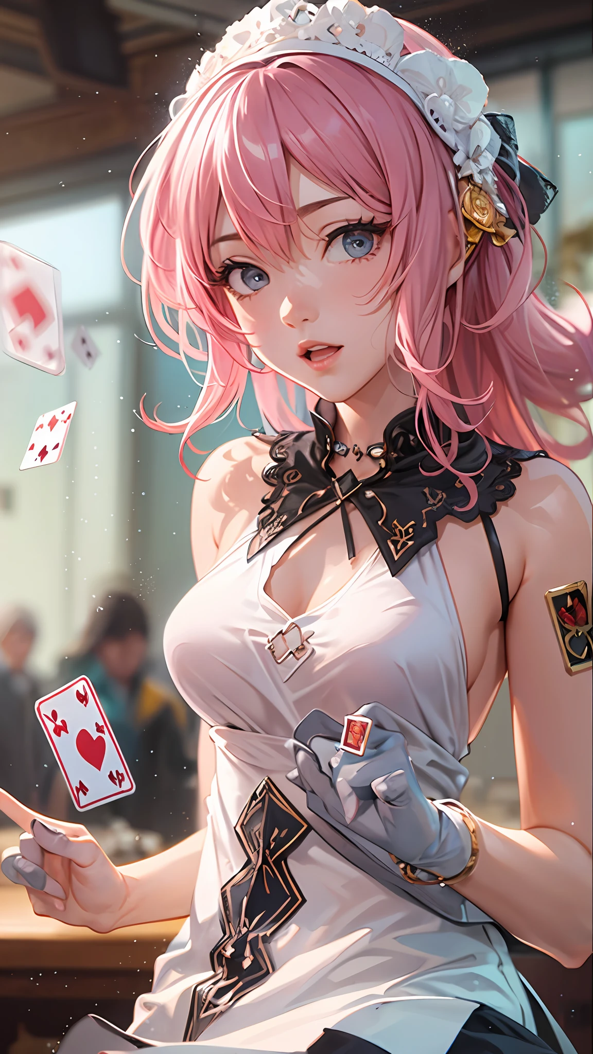1girl, pink hair,18 years old,White dress,Perfect female body, neat figure, slender waist, Black silk,
full body, looking at viewer, (cowboy shot:1.2),Poker face,
Sunlight,indoors,bubbles,
(best quality), (ultra detailed), (masterpiece), (highres), (original), (extremely detailed CG unity 8K wallpaper),detailed manga illustration,