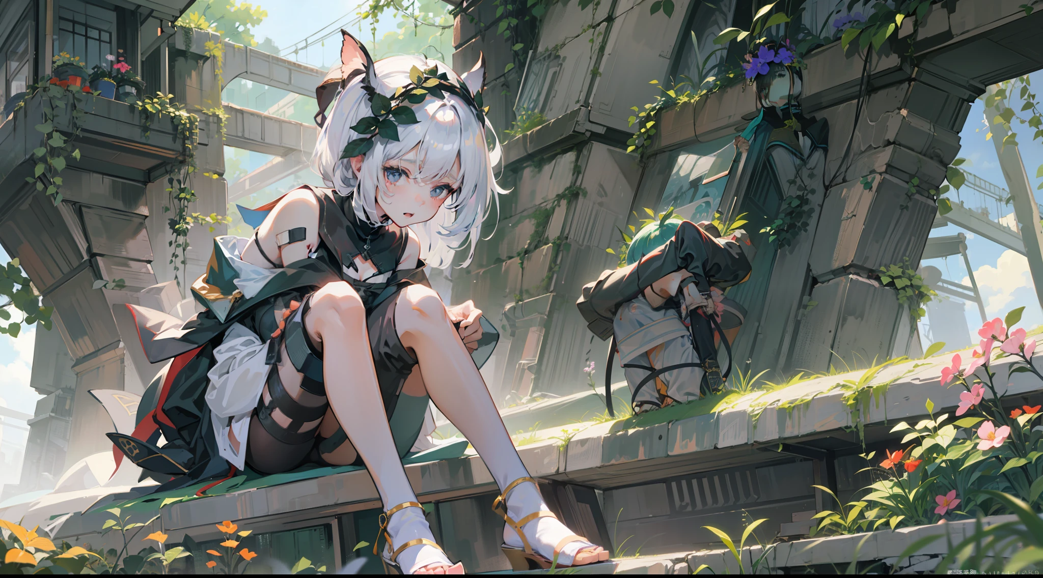 best qualtiy、arknights、s girl、Detailed and beautiful illustrations、hi-school girl、detailed portrait of an anime girl、Fantasia、Buildings eroded by vegetation、made in abyss、(Girl in white、sitting on、Black clothes:1.3)、ruins、Nier Automata