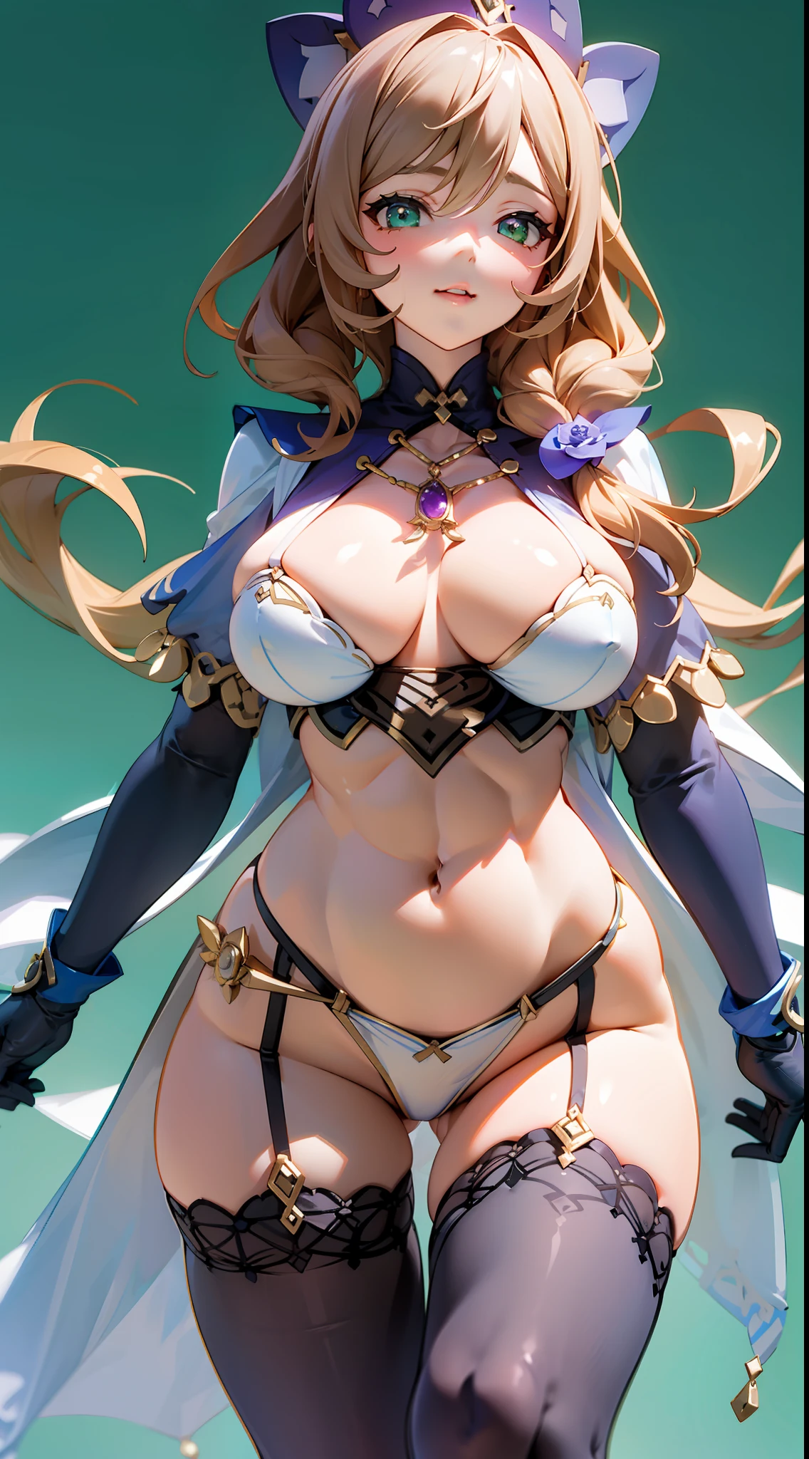 lissa(genshinimpact),Blue light gradient background,Expose abs,lace panty,Slim figure,cropped shoulders,huge tit,White dress at the bottom,Mesh garment,Cocked buttocks,Fleshy thighs,Below the waist are mesh stockings,Masterpiece,hyper-detailed face,Deep rendering