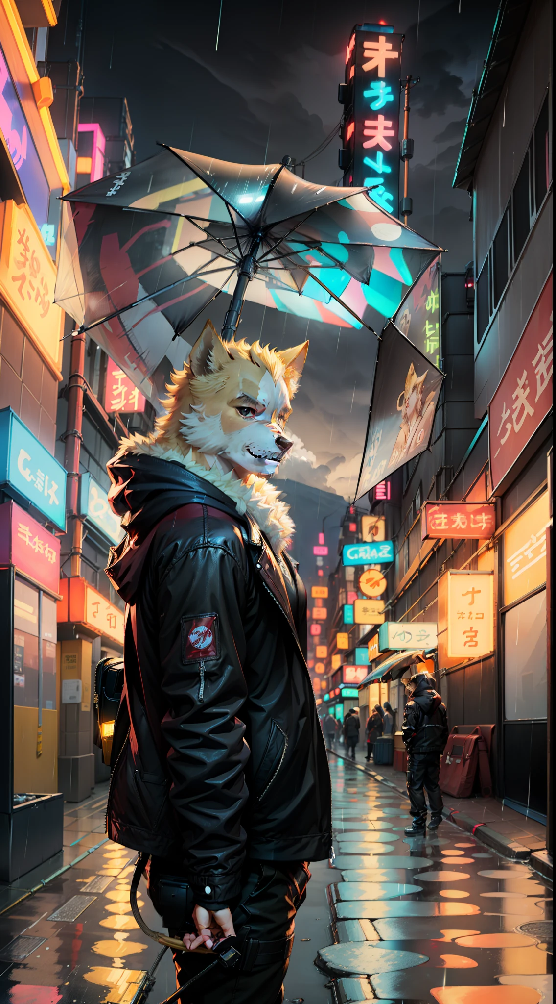 （best qualtiy，tmasterpiece：1.3），Cooper Cragg rainy day，mist，alleys，umbrellas，Large and transparent umbrella，Wearing a black leather jacket，looking at viewert，facing the photo，Cyberpunk-city，Alone in the alley，Neon lights in the alley，Very reflective city，Yellow furry fur，Riman，jpn，toyko，Muscular and delicate，the night。