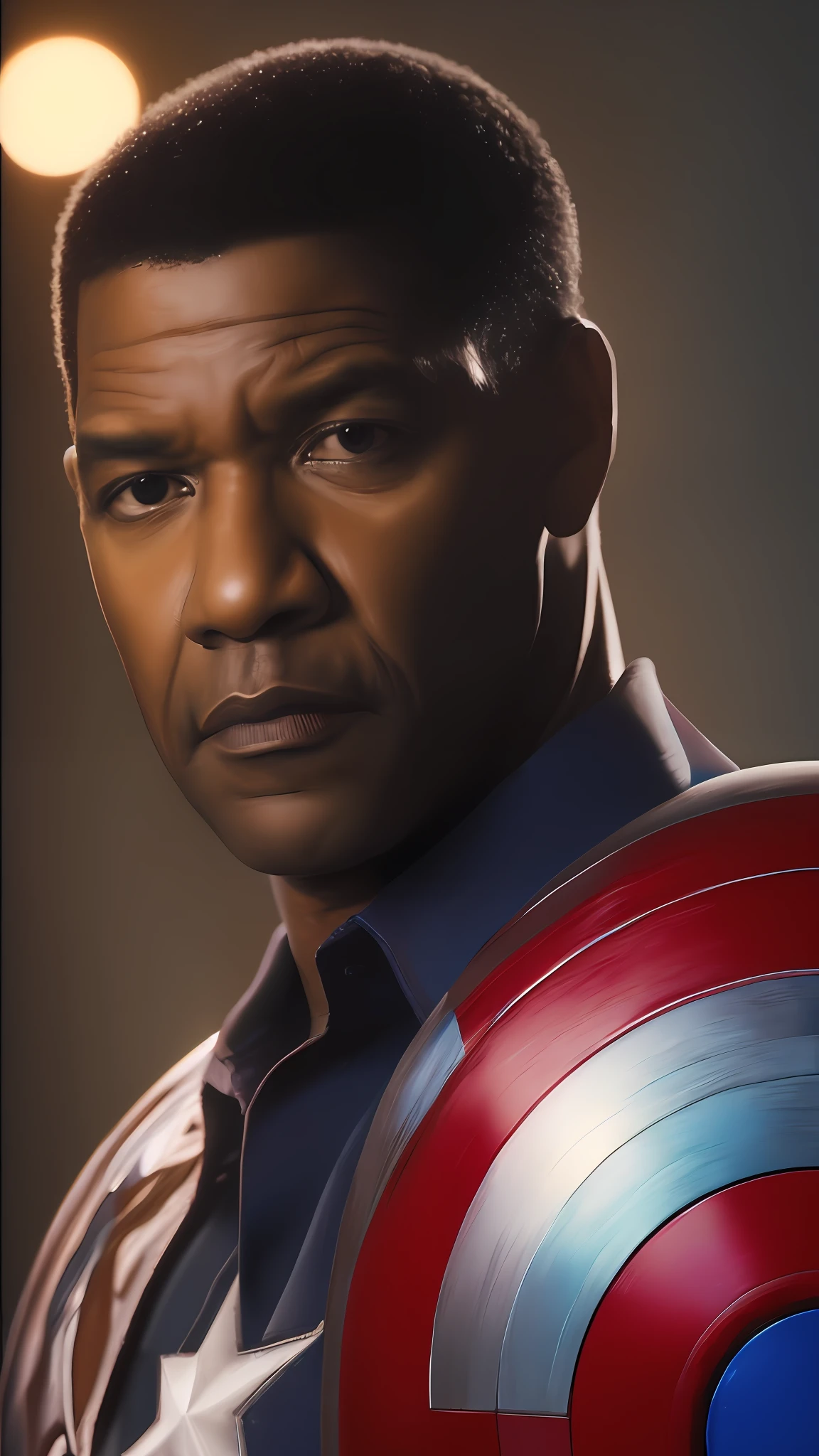. Estilo: Tarantino: Denzel Washington as Captain America + Cinematic Still Shot + dynamic compositing, incrivelmente detalhado, agudeza, detalhes + soberbo detalhes + noite com luz + perfeccionismo + Realismo premiado ((mood lighting))