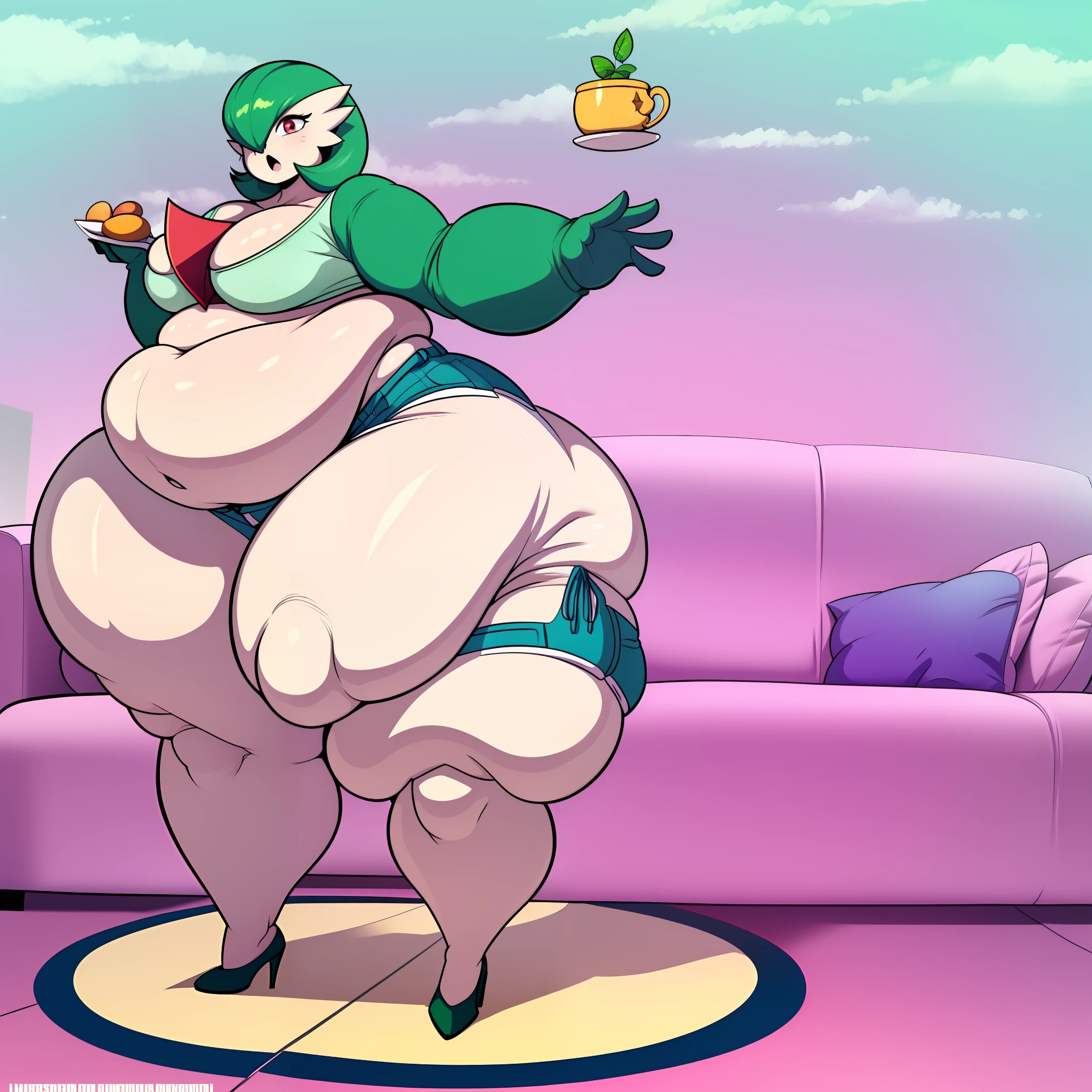 Anime Illustration of a Male Gardevoir, Gijinka, Male, Pale Skin , ((Sideswept bangs, Windswept Hair , Mint green hair)) , ((green Shorts , White Long Floor length Skirt)) , Femboy, Expression:Cold , Cute, Confused, ((Insanely fat and wide hips)), (( Giant fat Butt)), ((Huge, Flabby Thighs)),(( large fat Belly )), ((Proportionally large arms and Legs), Plump ,High quality, High aesthetic, masterpiece
