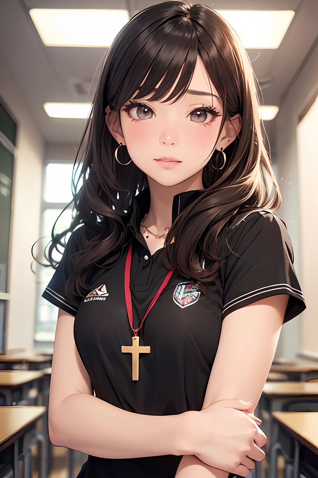 (Masterpiece: 1.3), (Maximum resolution: 1.2), (Ultra HDTV: 1.2), Cinema light, Ultra HDTV, (Detailed eyes and skin), (Detailed facial features), HDR, 8k resolution, Sharp Focus: 1.2, Perfect style, beautiful face, accurate, anatomically correct, highly detailed face and skin texture, detailed eyes, brown eyes, double eyelids, thin eyebrows, glitter eyeliner: 1.2, natural cheeks, glossy skin, fair skin: 1.2, shiny little necklace and earrings, (glossy lips: 1.4),
BREAK
first-person-view, Wearing a High school uniform, (embarrassed:1.2), (blush:1.2), Innocent and Cute girl, (ponytail in high position, wavy hair), (Light brown hair:1.2), (bangs flowing diagonally), medium long hair,
BREAK
(Full body shot: 1.2), (from below:1.3), (focus on face), ((Very intimate relationships: 1.2)), (medium large breasts:1.1), ((Standing with cross legs:1.2)),
BREAK
(((In the classroom: 1.2)), (looking down at viewer:1.2)),