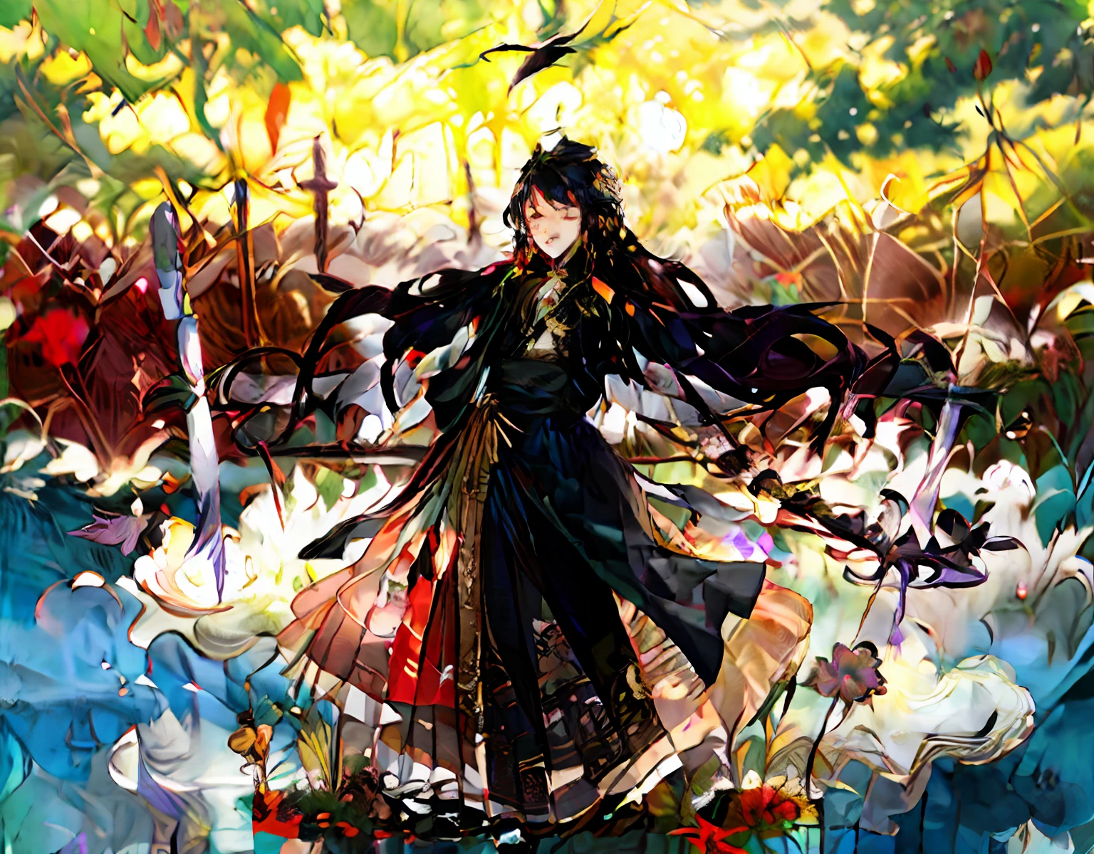 style of anime,Many swords levitated in the sky,A man in black with long hair levitated in the distant sky,There are flowers on the ground