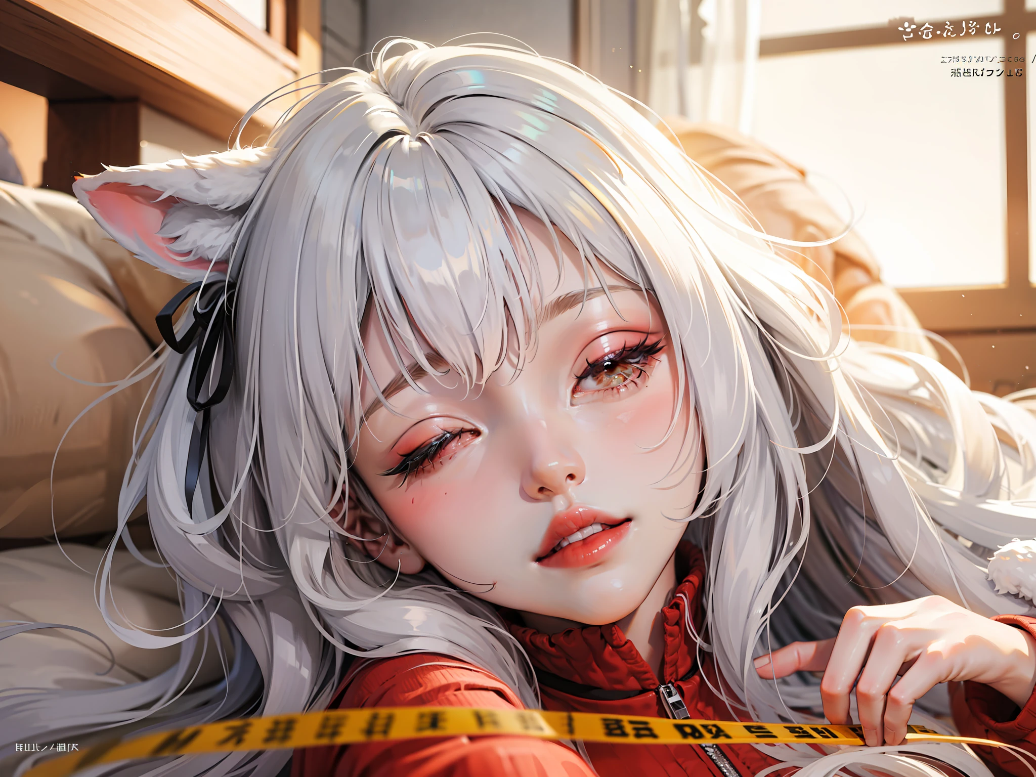 silver hair girl，Furry ears，Sleeping on the Bed，Full of happiness